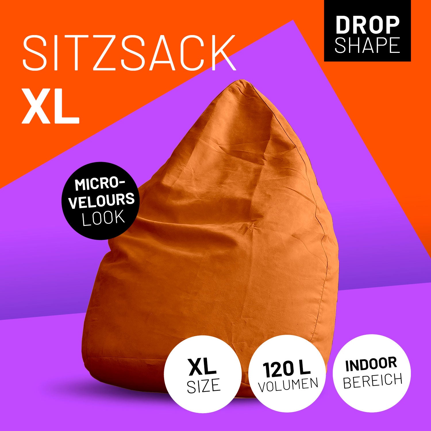 Luxury XL Sitzsack (120 L) - indoor - Orange mit Micro-Velours Look, Drop Shape, ideal zum Entspannen und Chillen im Wohnraum.