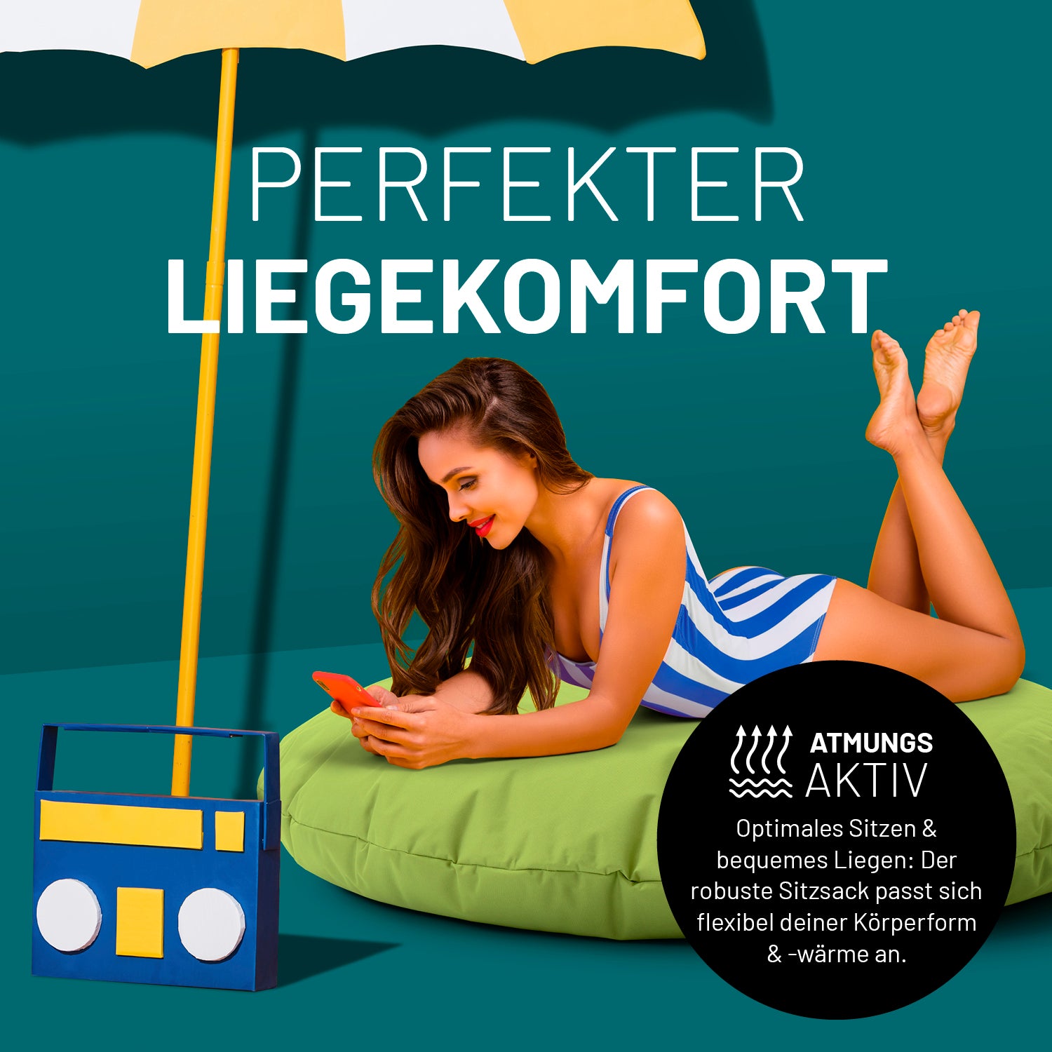 Sitzsack Drops (300 L) Grün mit atmungsaktivem Material für drinnen & draußen, langlebig, leicht und perfekt für komfortables Liegen.