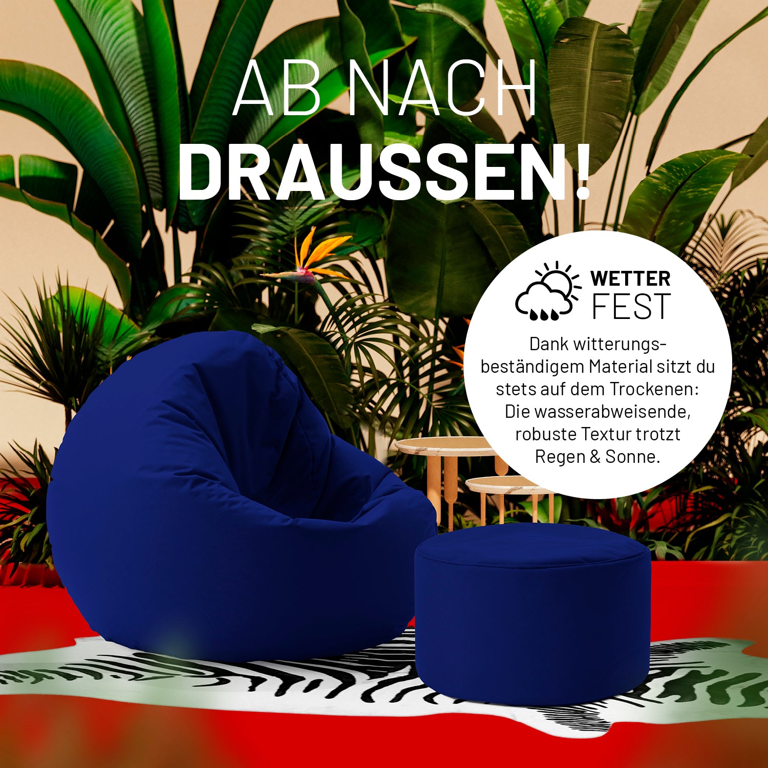 Sitzsack-Hocker/Pouf (50 L) in Navyblau, wetterfest, vielseitig für Indoor & Outdoor, pflegeleicht mit robustem Material und verdecktem Reißverschluss.