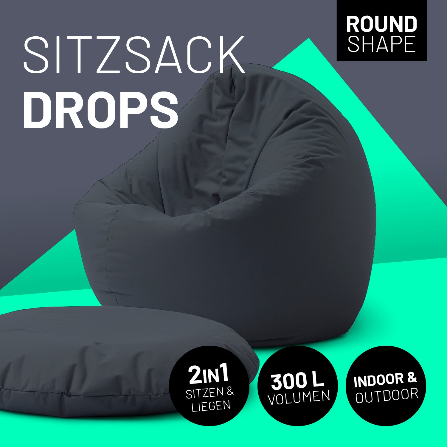 Sitzsack Drops (300 L) in Stahlgrau, multifunktional für drinnen & draußen, langlebig, leicht und mit pflegeleichtem Material.