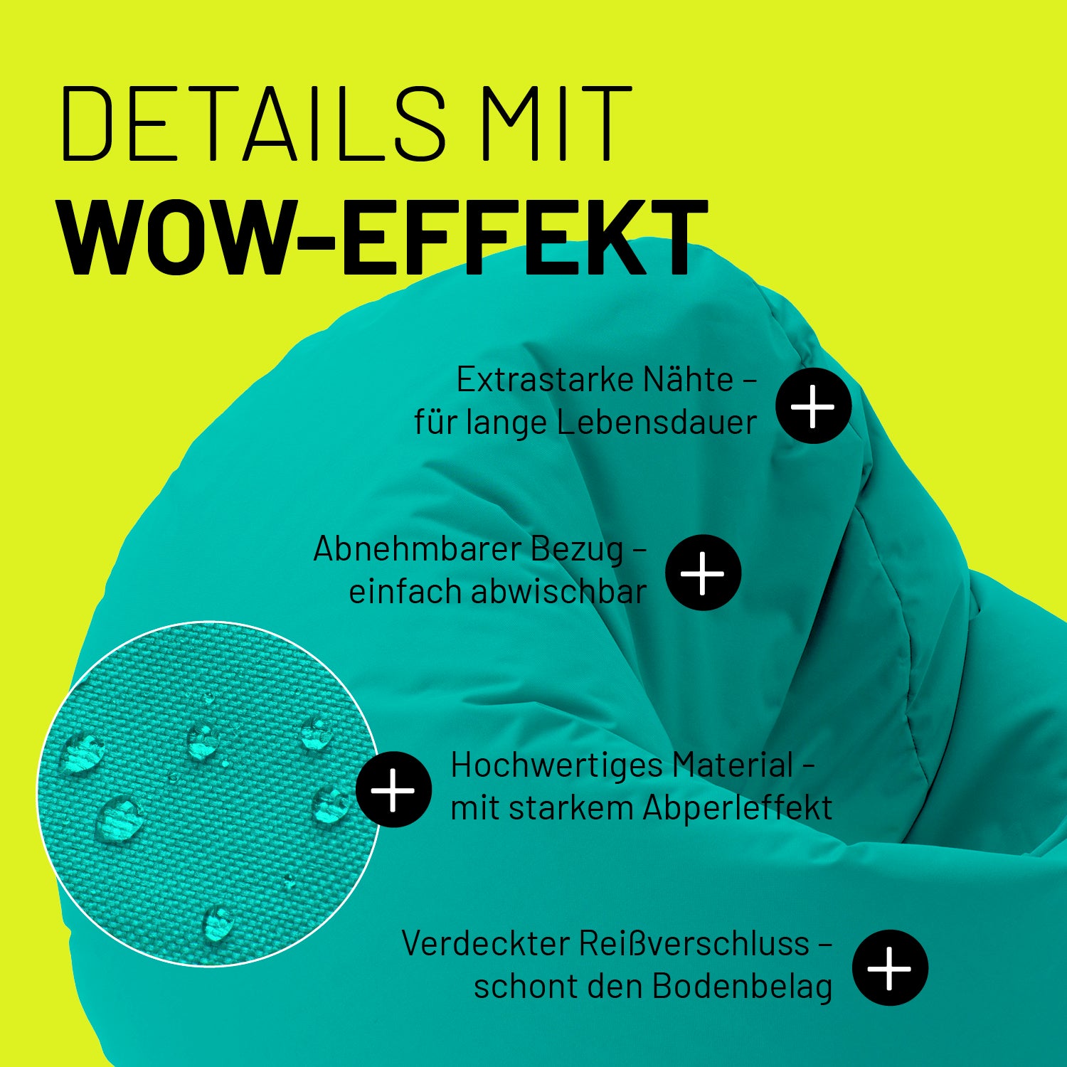 Sitzsack Drops (300 L) Türkis mit extrastarken Nähten, abnehmbarem Bezug, Abperleffekt und verdecktem Reißverschluss für drinnen & draußen.