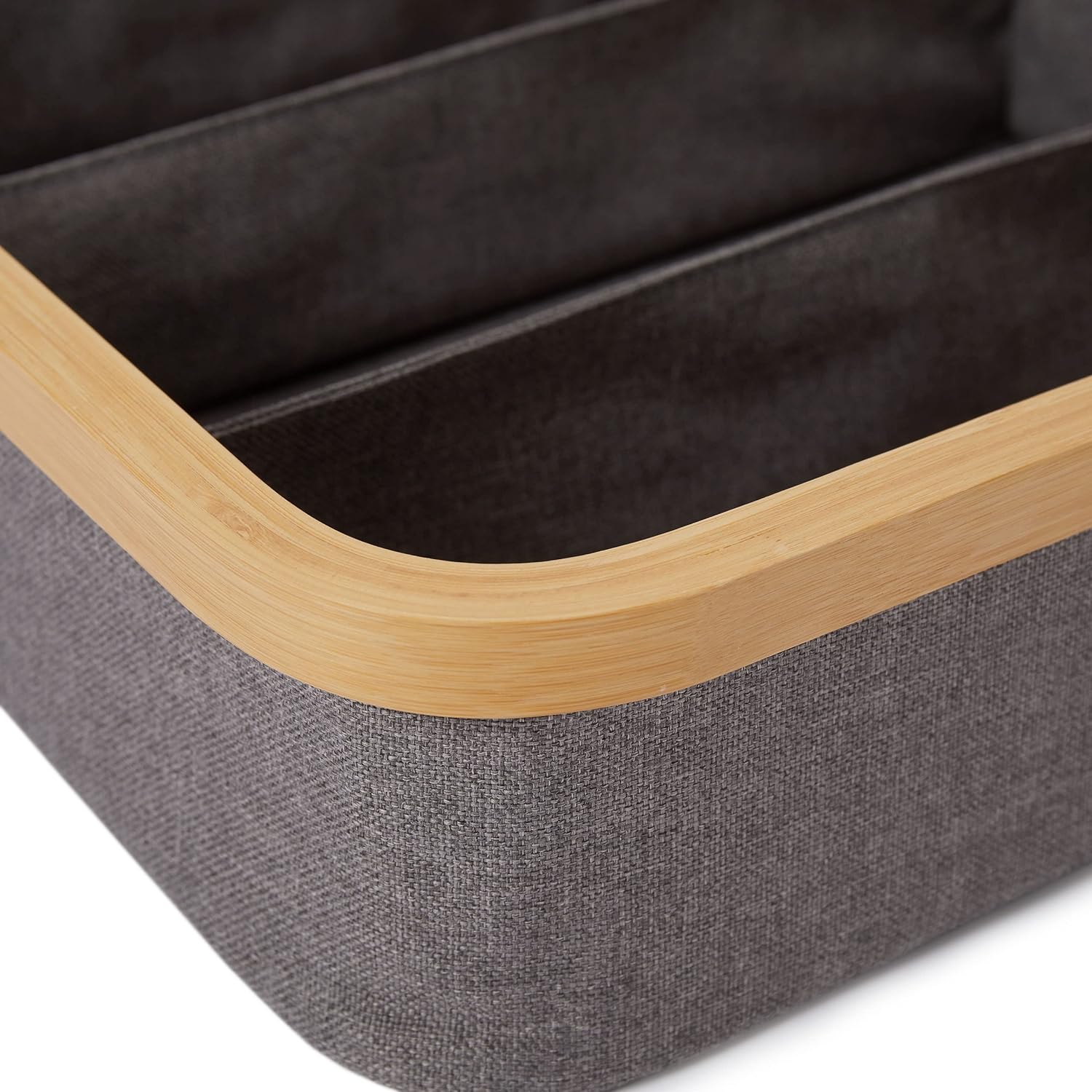 Organizer mit Bambus-Rahmen - 3er-Set - Grau, quadratische Aufbewahrungsbox mit Bambusrahmen und 3 Fächern, pflegeleicht und faltbar.