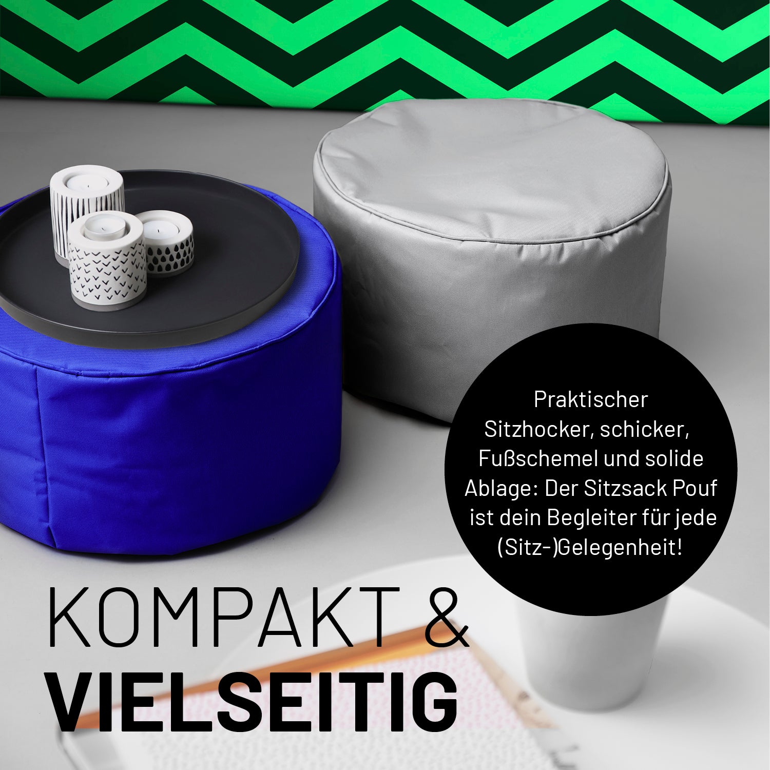 Sitzsack-Hocker/Pouf (50 L) Royalblau, multifunktional als Sitzhocker, Ablage und Fußschemel, langlebig und pflegeleicht für indoor & outdoor.