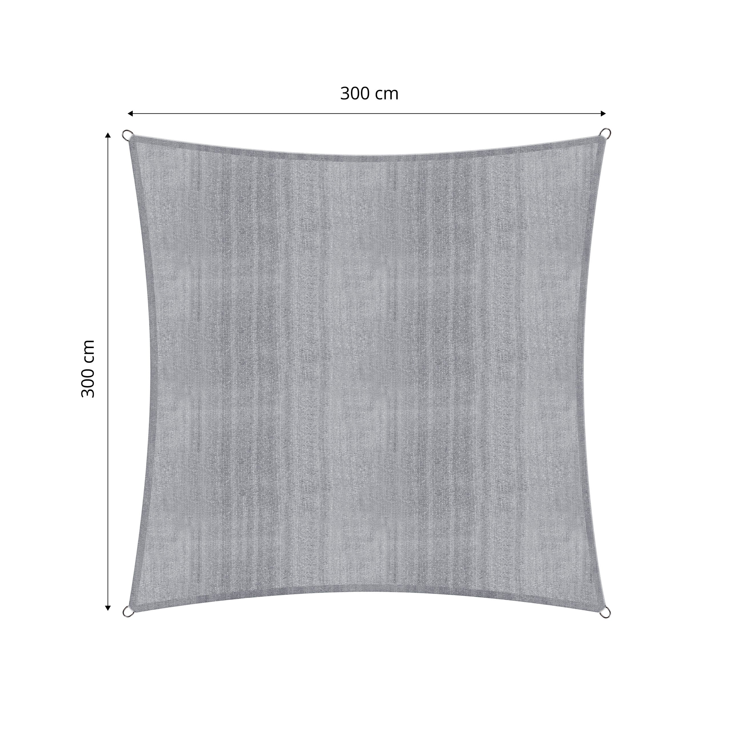 Sonnensegel 100% HDPE mit Stabilisator für UV-Schutz Quadrat 3 x 3 Meter Hellgrau in leichter, robuster Ausführung mit Eckringen.