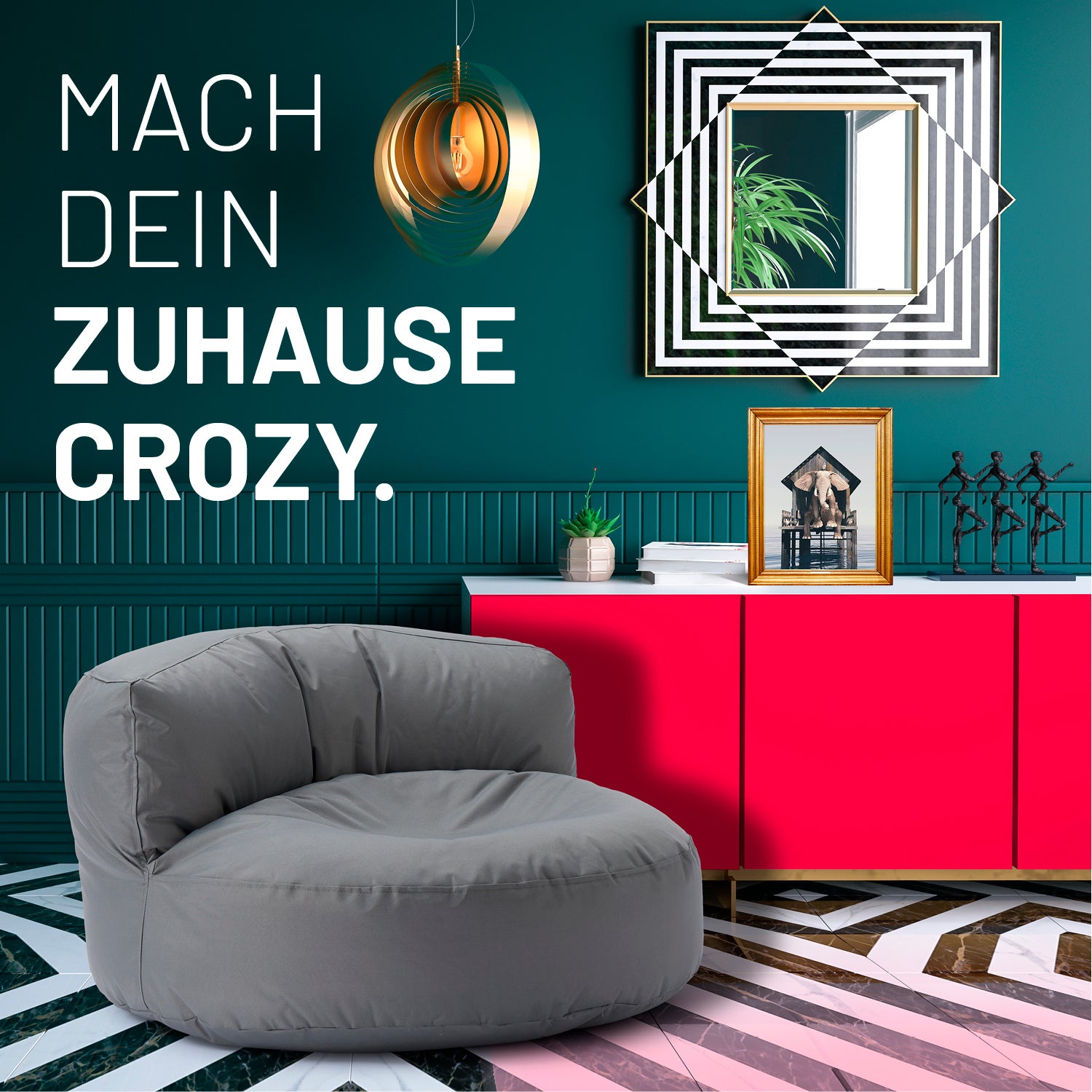 Sitzsack Lounge (320 L) - grau, modern und gemütlich für drinnen & draußen, langlebig, pflegeleicht und mit verdecktem Reißverschluss.