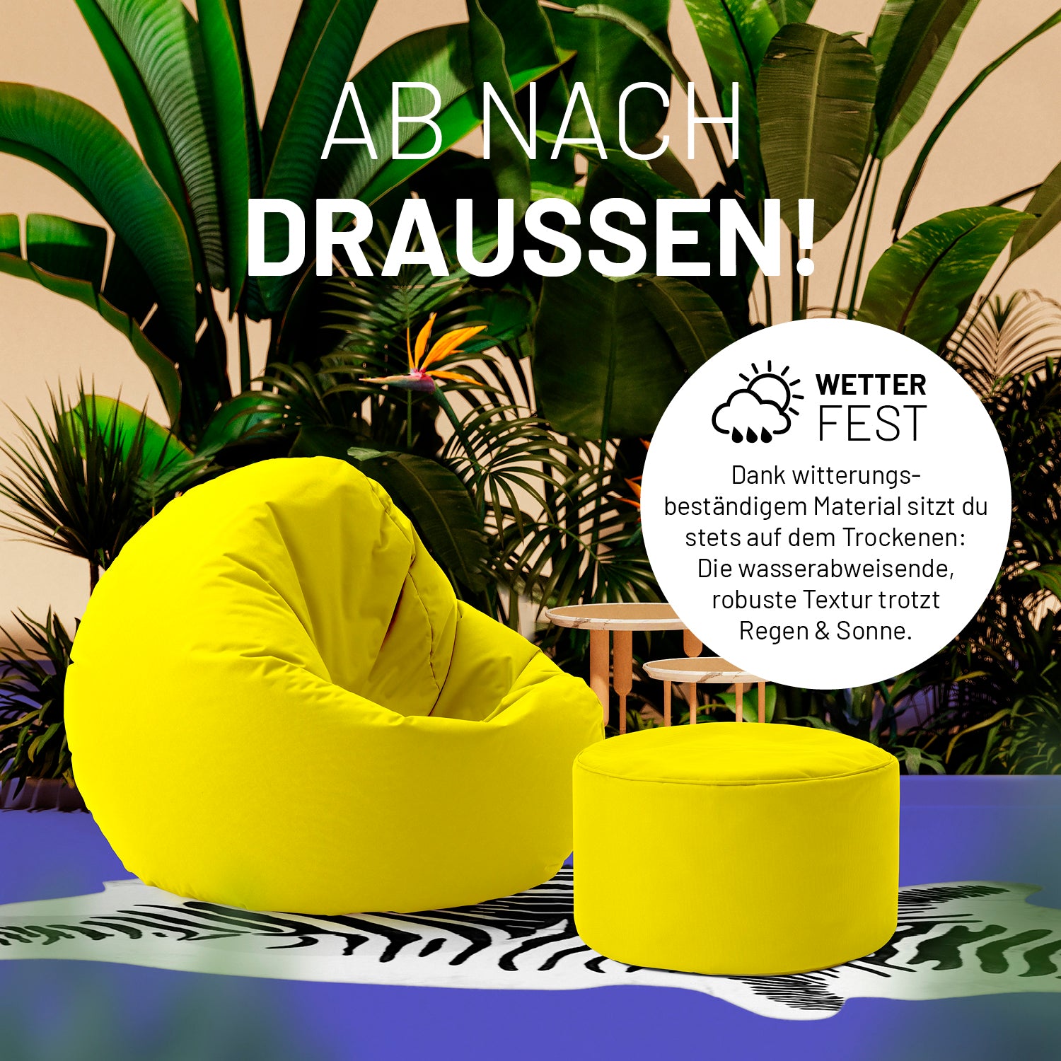Sitzsack-Hocker/Pouf (50 L) Gelb, wetterfest, leicht, vielseitig für indoor & outdoor, robust mit hochwertiger Füllung und pflegeleichtem Material.