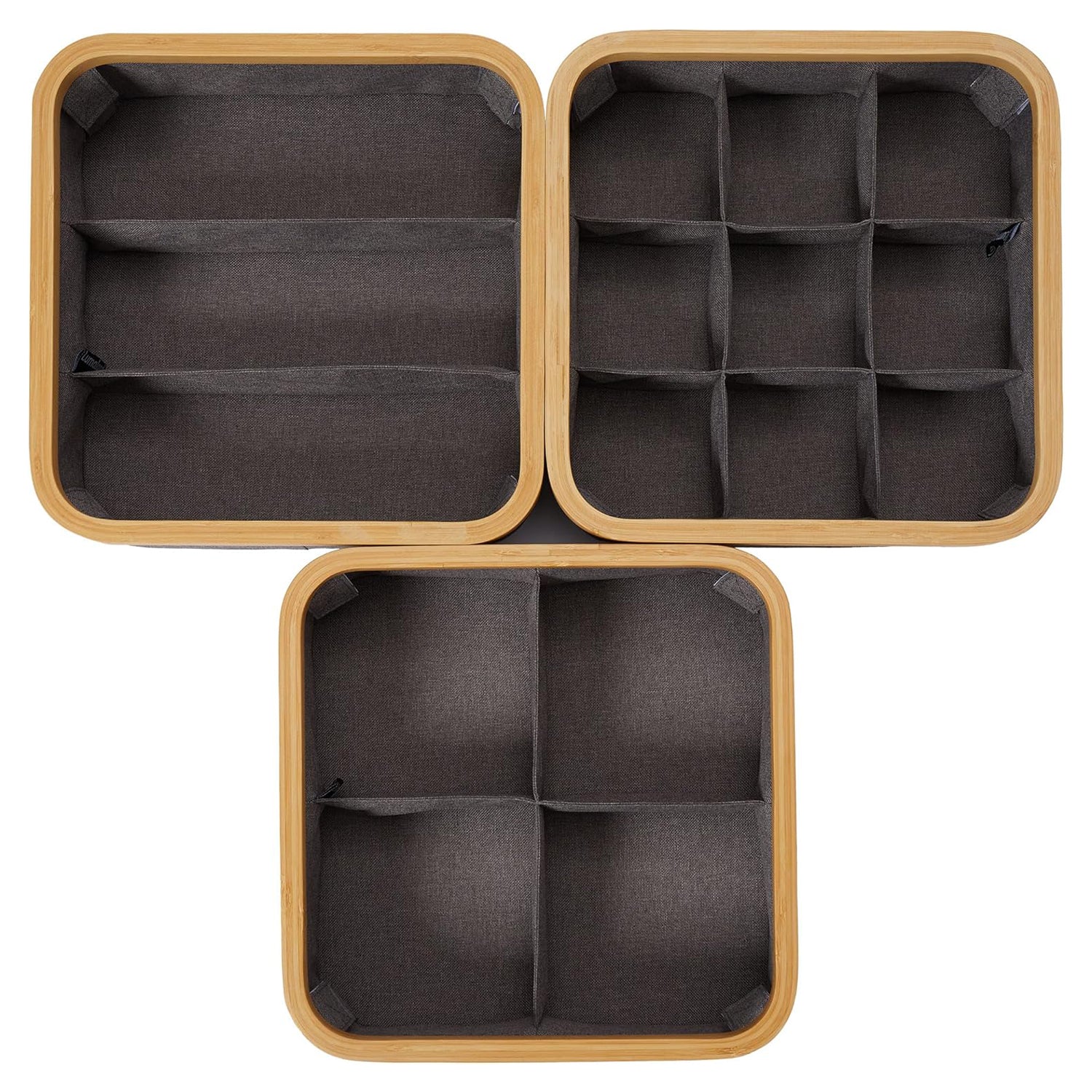 Organizer mit Bambus-Rahmen - 3er-Set - Grau mit drei faltbaren Aufbewahrungsboxen in verschiedenen Fachgrößen aus Bambusrahmen.