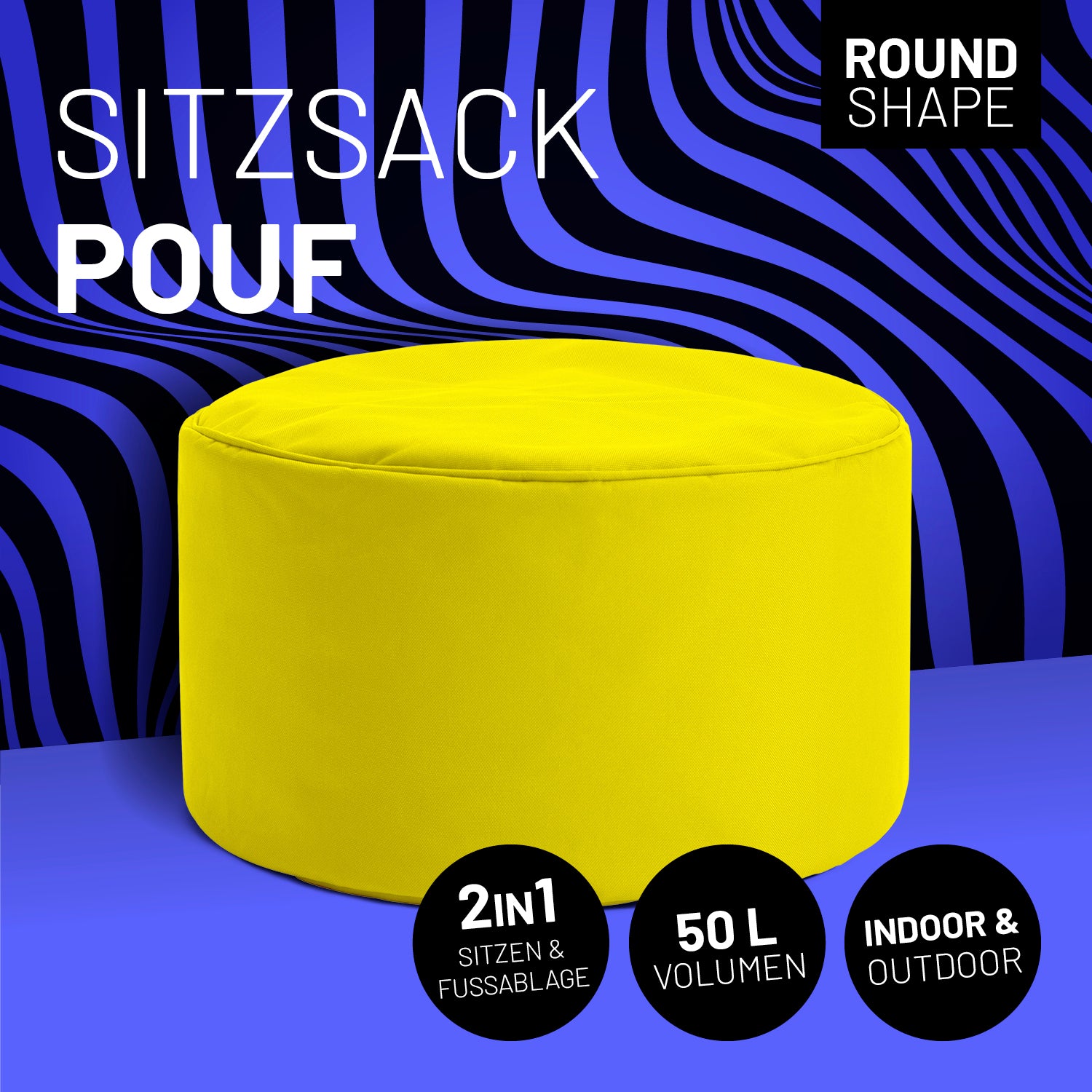Sitzsack-Hocker/Pouf (50 L) - gelber, runder Sitzhocker für Indoor & Outdoor mit hochwertiger Füllung und pflegeleichtem Material.