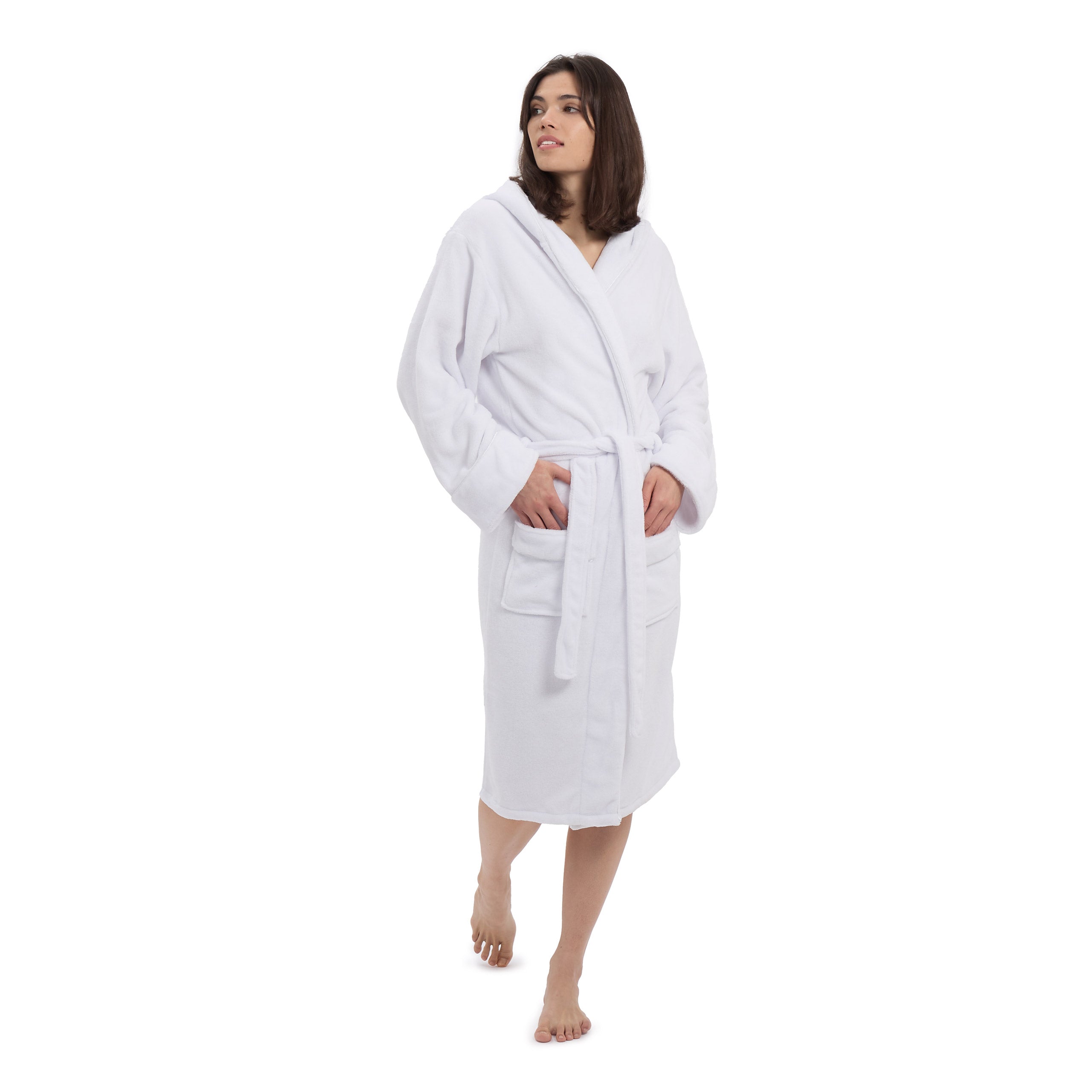 Luxury Mikrofaser Bademantel mit Kapuze für Damen und Herren in Weiß, Größe S, flauschig und schnelltrocknend.