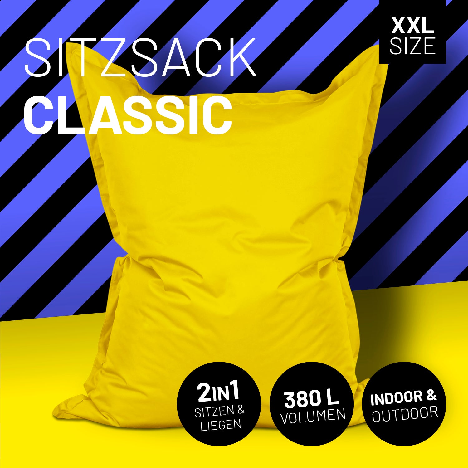Sitzsack Classic XXL (380 L) – gelb, langlebig, für drinnen & draußen, 2in1 zum Sitzen und Liegen, pflegeleicht mit verstecktem Reißverschluss.