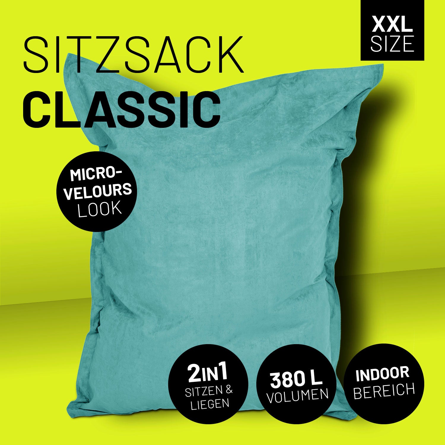 XXL Microvelours Sitzsack (380L) - Türkis, großer, bequemer Sitzsack für Indoor mit 380L Füllung, Microvelours-Look, 2in1 Sitz- und Liegefunktion.