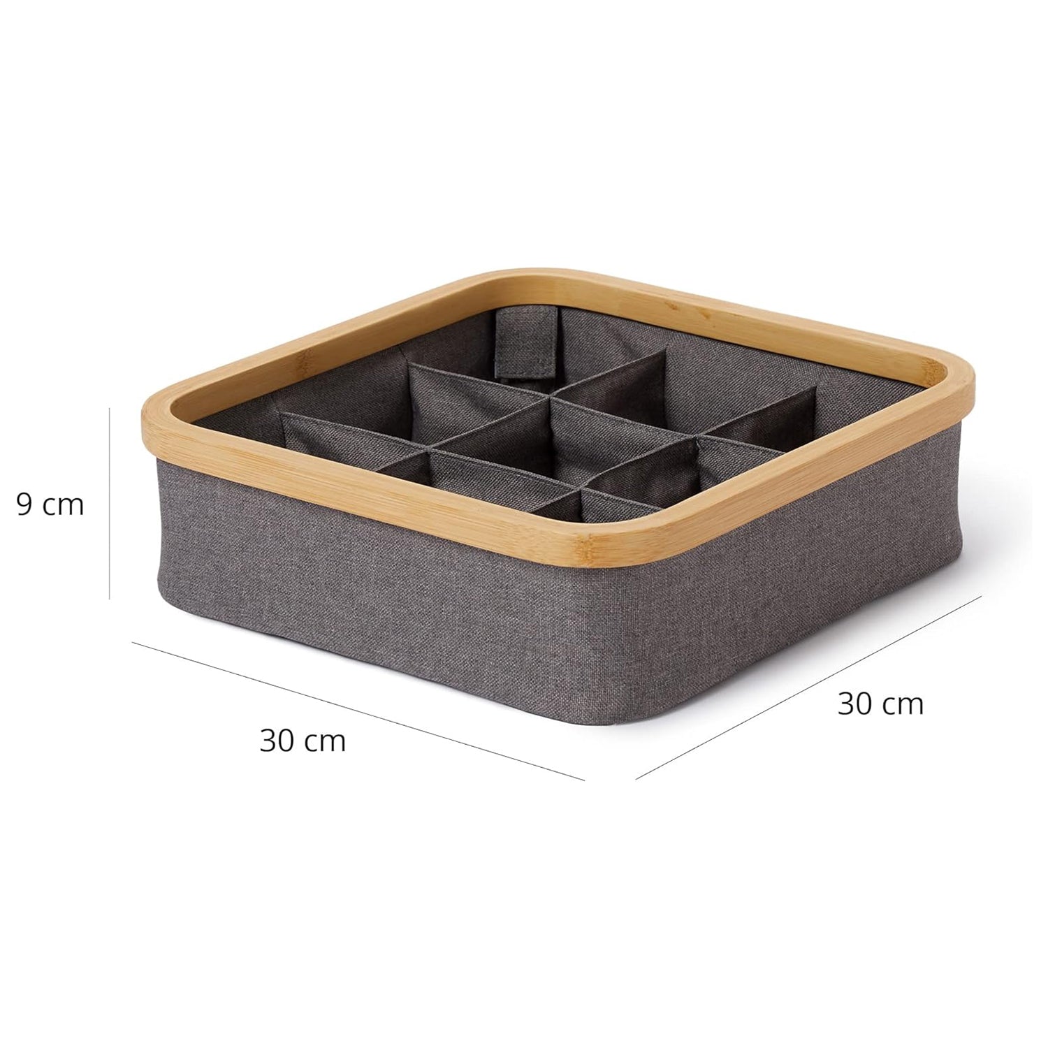 Organizer mit Bambus-Rahmen - 3er-Set - Grau, quadratische Aufbewahrungsbox mit 9 Fächern, 30x30x9 cm, faltbar und pflegeleicht.