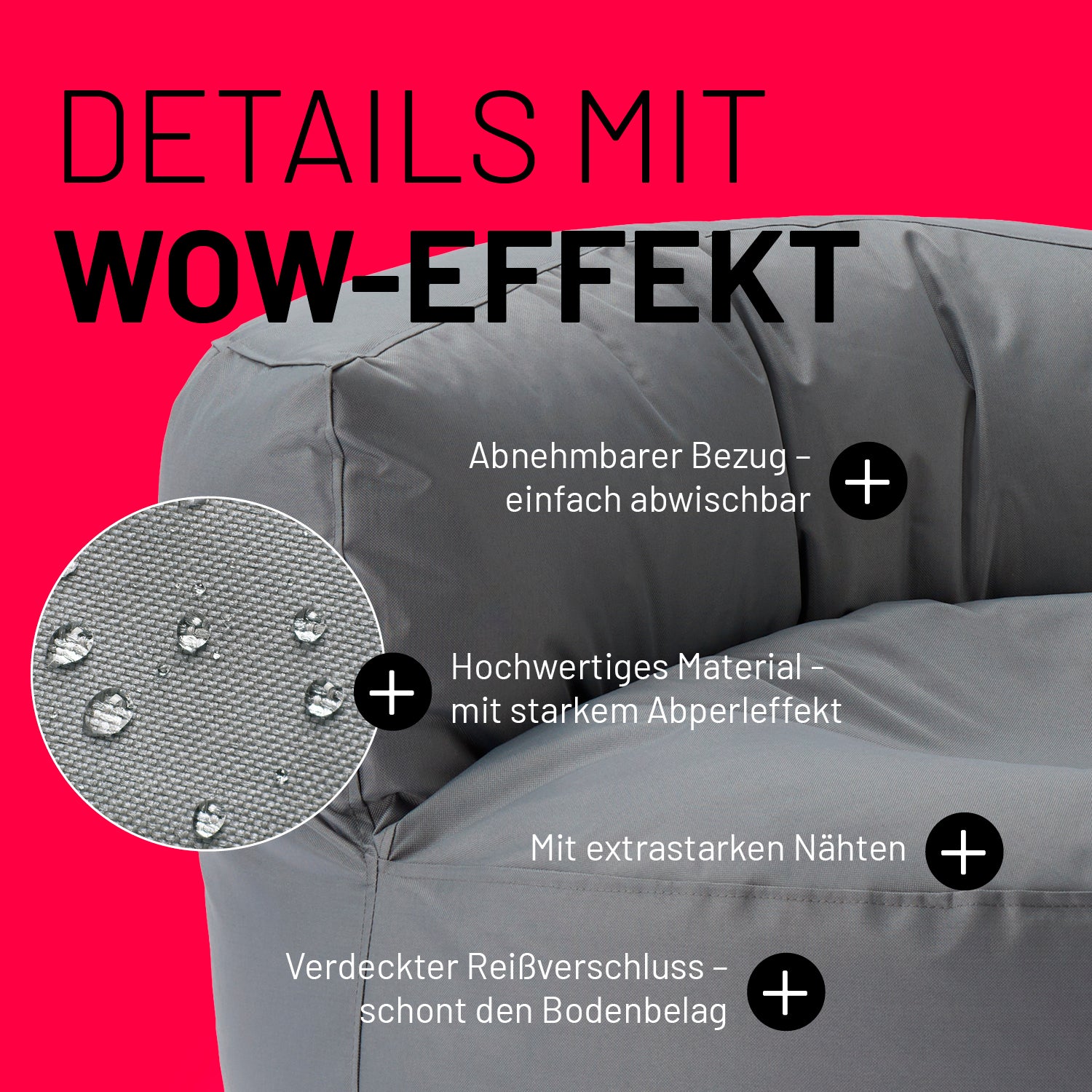 Sitzsack Lounge (320 L) Grau mit abnehmbarem Bezug, wasserabweisendem Material und extrastarken Nähten für drinnen und draußen.