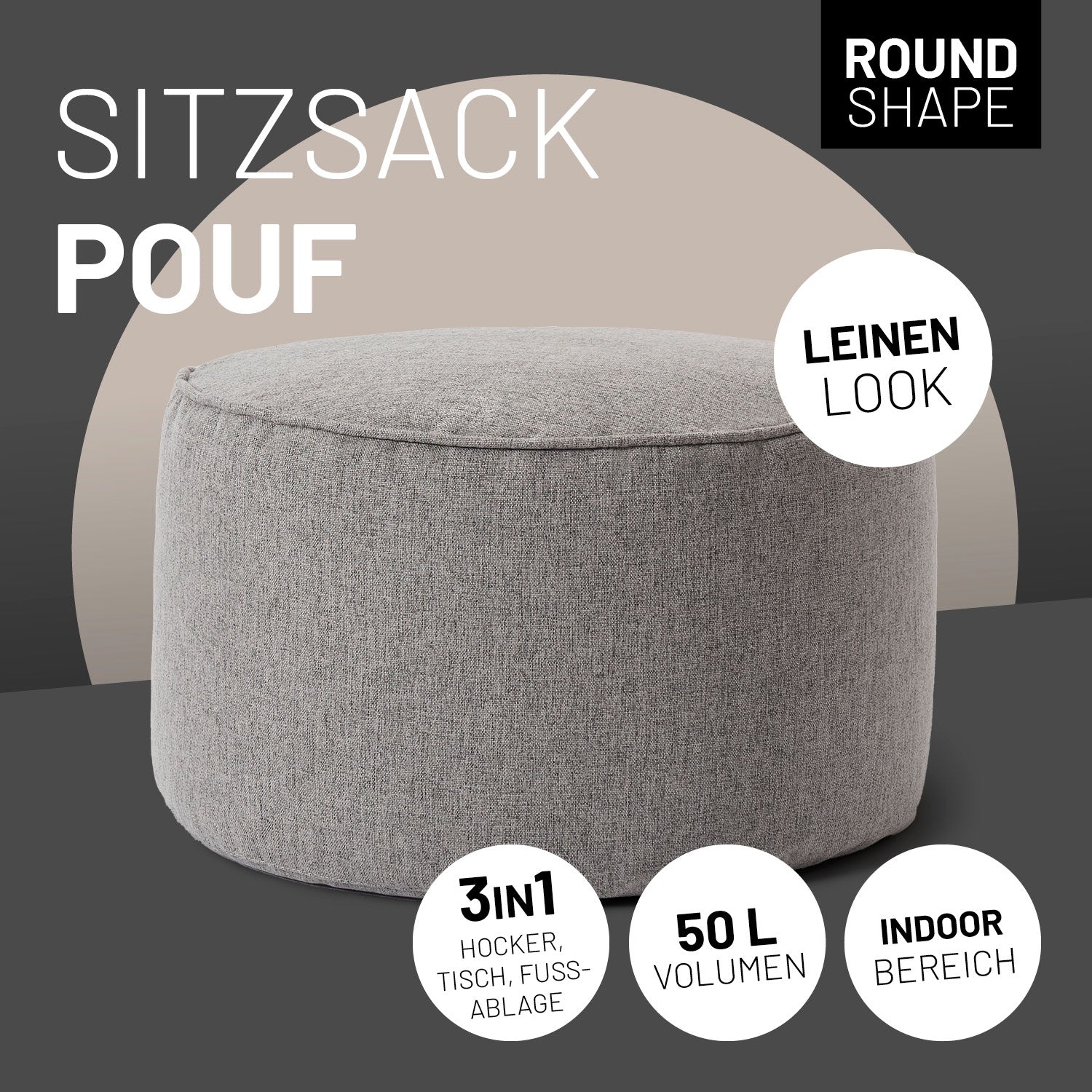 Comfort Line Sitzsack-Hocker 25 x 45 cm - Indoor - Runder Sitzpouf, Bodenkissen Bean Bag Pouf - Hellgrau
