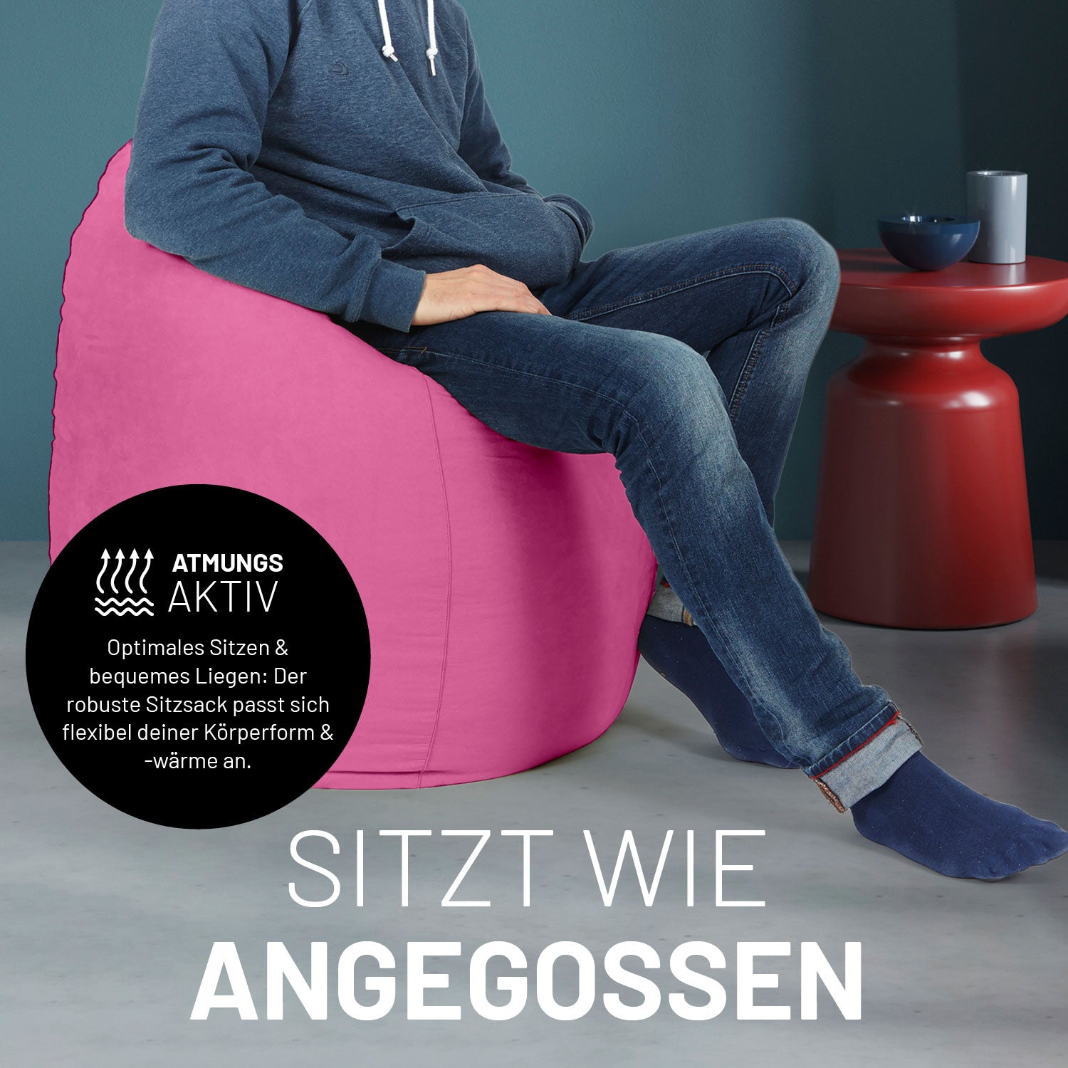 Luxury XL PLUS Sitzsack (220 L) - Indoor - Pink aus atmungsaktivem Material, passt sich flexibel Körperform und -wärme an.