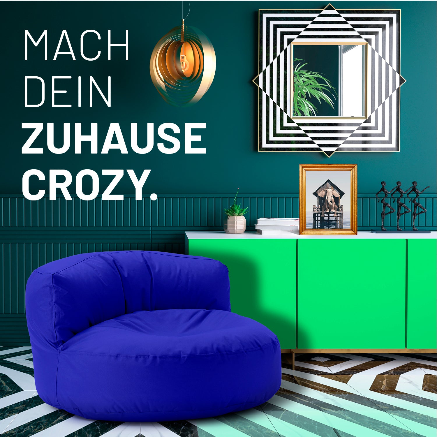 Sitzsack Lounge (320 L) Royalblau in modernem Wohnzimmer, gemütlich, indoor & outdoor, pflegeleicht und langlebig.