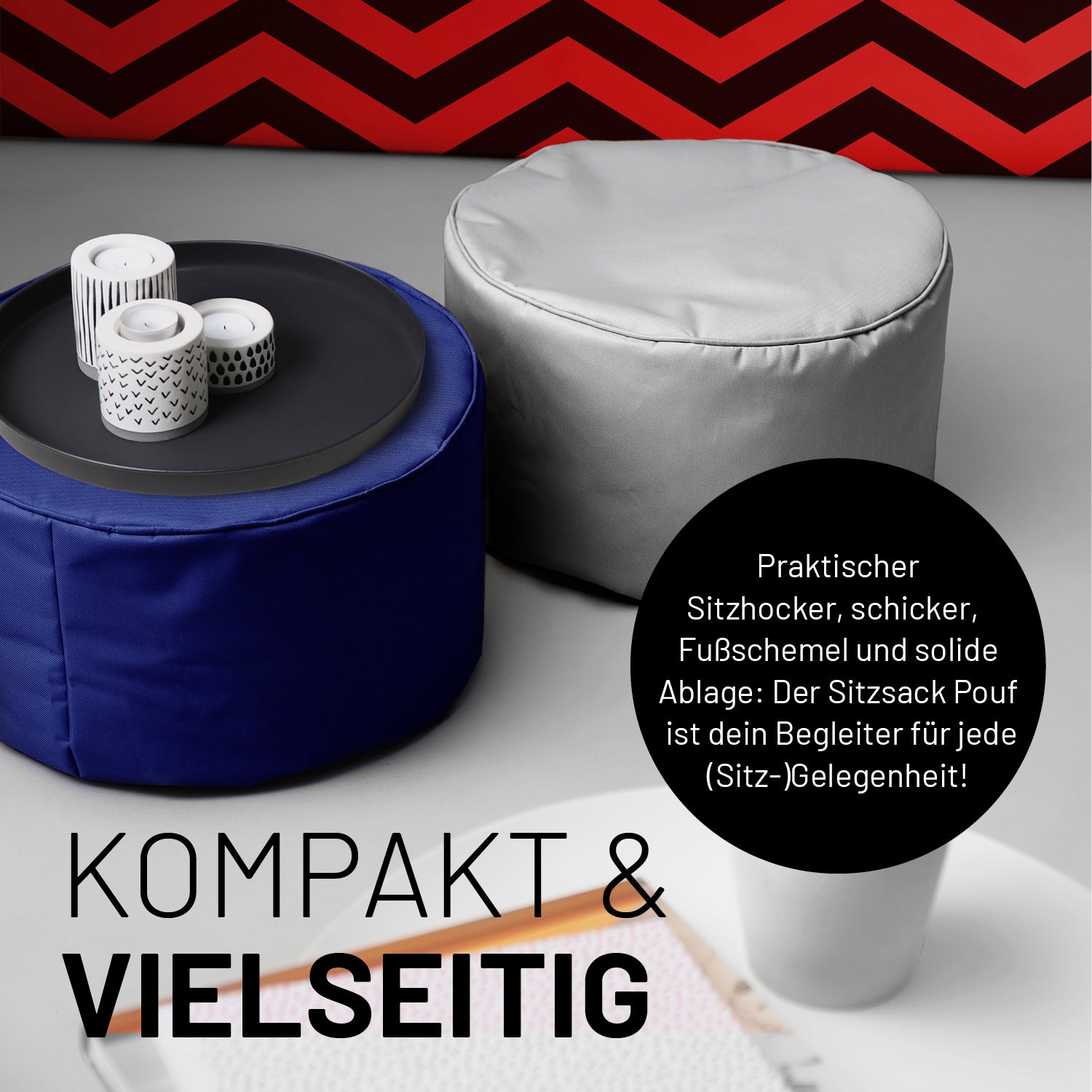 Sitzsack-Hocker/Pouf (50 L) Navyblau, vielseitig als Sitzhocker, Ablage und Fußschemel für Indoor & Outdoor, pflegeleicht und robust.