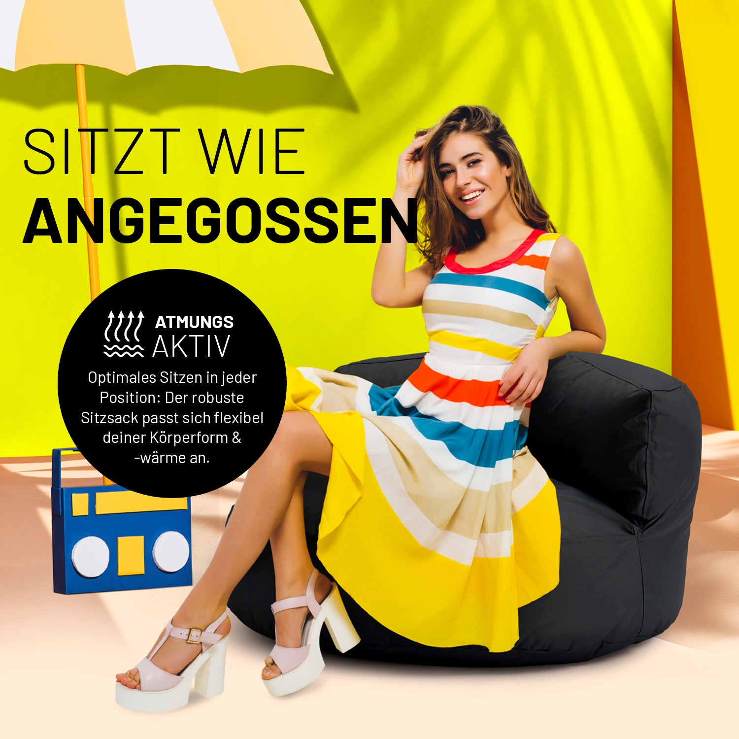Sitzsack Lounge (320 L) - schwarz, atmungsaktiv und robust, passt sich flexibel Körperform und -wärme an für drinnen und draußen.