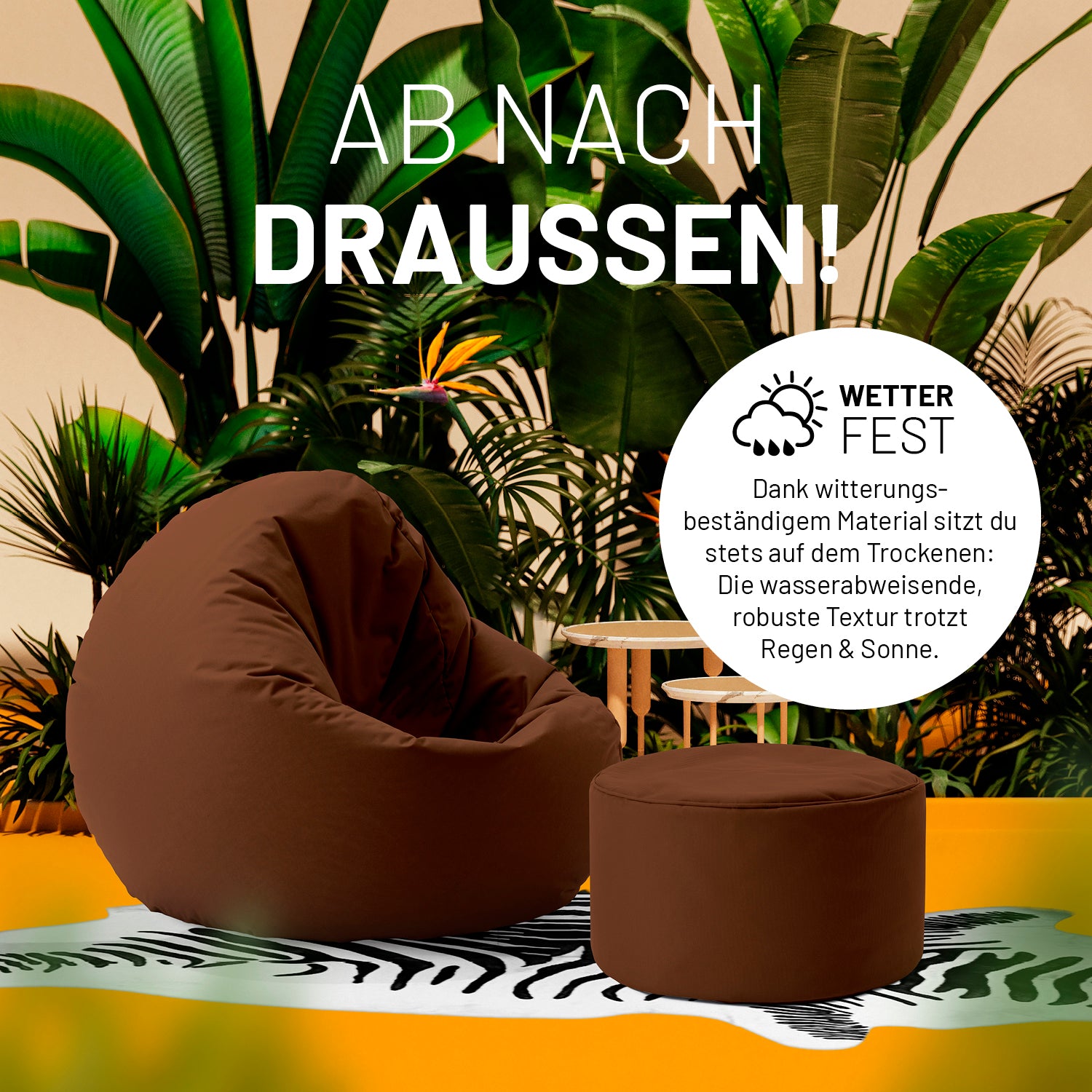 Sitzsack-Hocker/Pouf (50 L) Braun wetterfest, wasserabweisend, indoor & outdoor, robust, leicht und pflegeleicht mit verdecktem Reißverschluss.