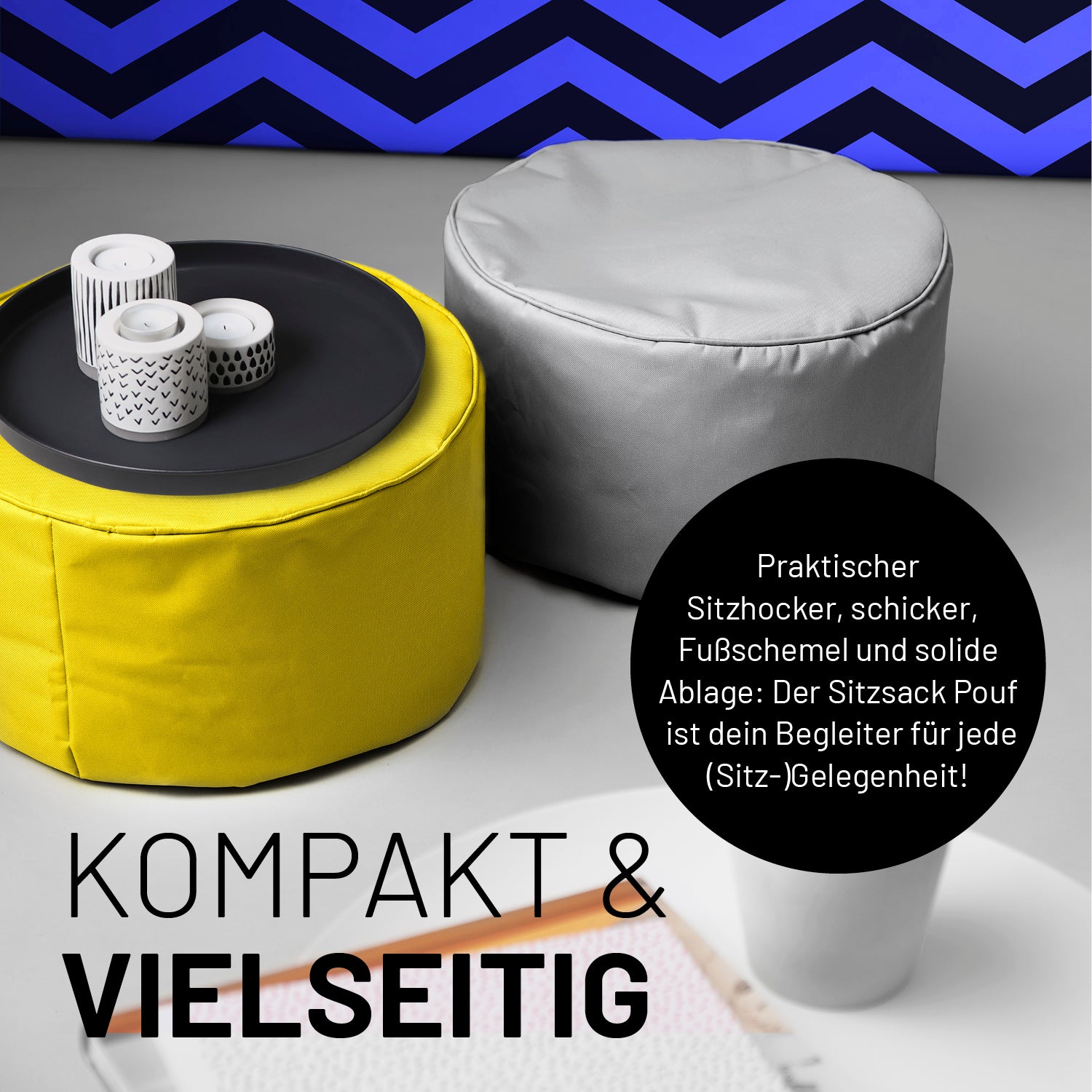 Sitzsack-Hocker/Pouf (50 L) Gelb, modern, multifunktional, leicht, langlebig, indoor & outdoor, mit verstecktem Reißverschluss, pflegeleicht.