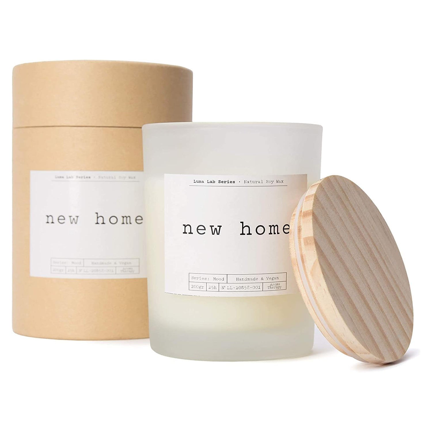 Duftkerze Mood "New Home" im Glas mit Holzdeckel, vegan, 25 Stunden Brenndauer, angenehmer Duft nach frischer Wäsche, nachhaltig.