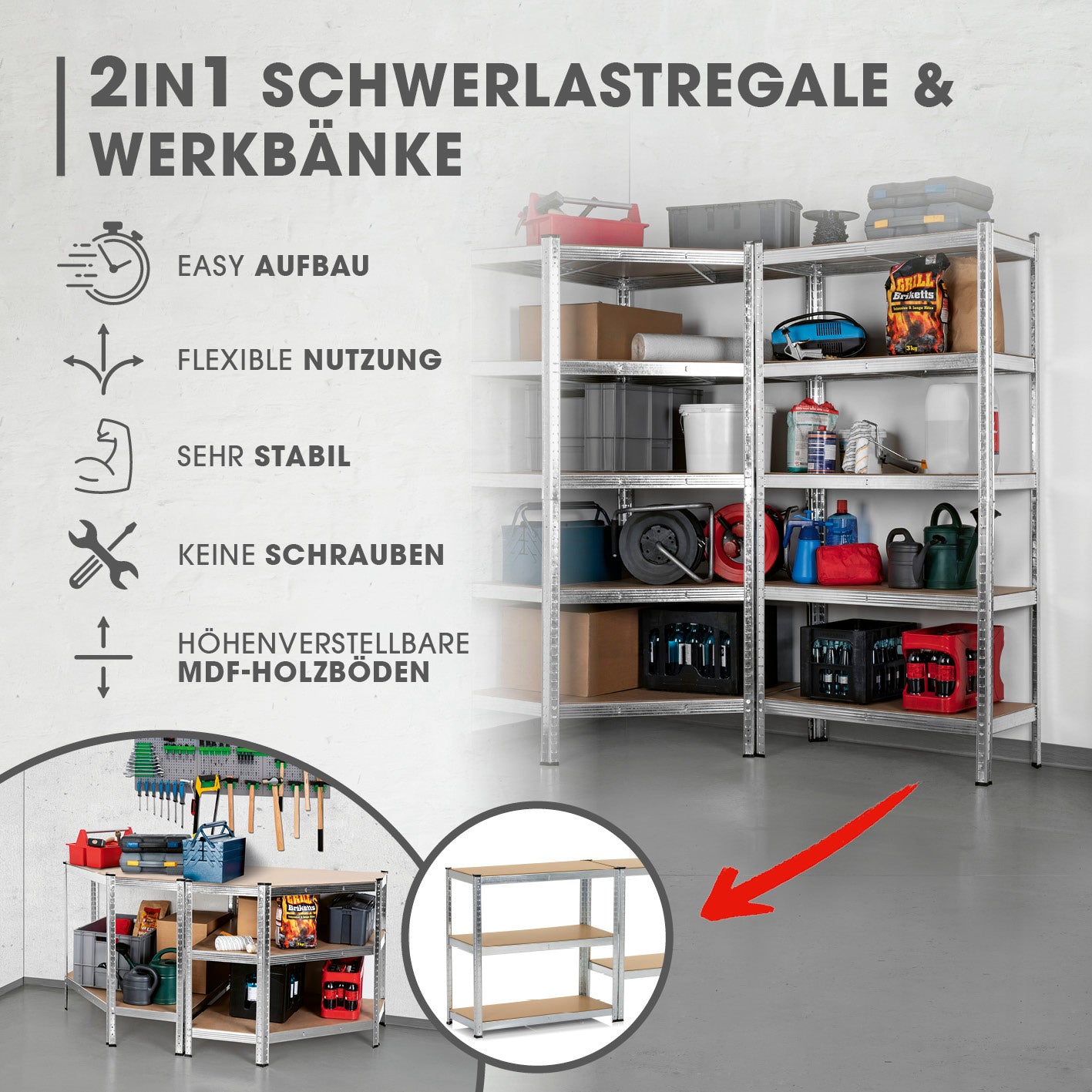 Schwerlastregal & Werkbank - 3er-Set - 2625 kg Traglast, 175 kg pro Ebene & 15 Ebenen