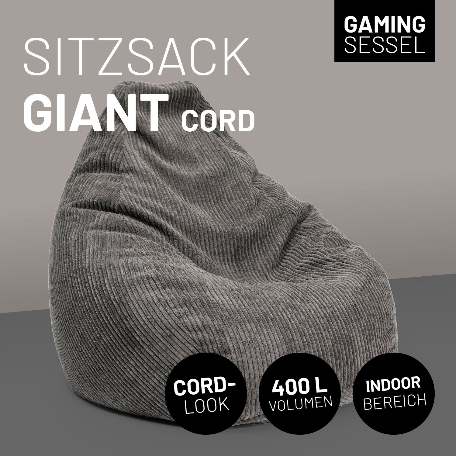 GIANT Cord Sitzsack mit stabiler Lehne  (360 L) - indoor - Grau