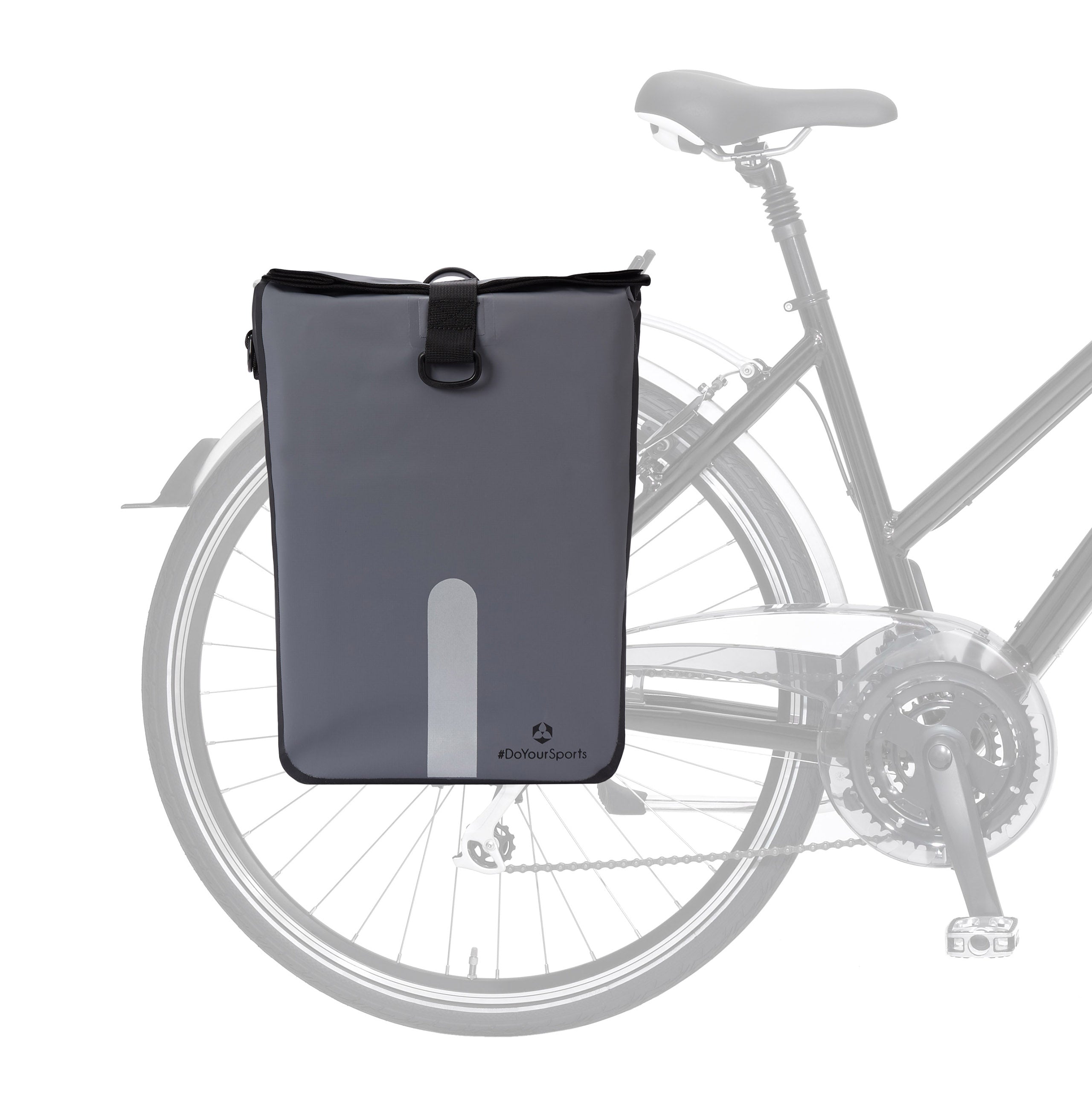 Wasserdichte Fahrradtasche Roll-Top - 21 L - Grau, 3-in-1 Tasche mit Reflektoren, wasserfest und vielseitig tragbar.