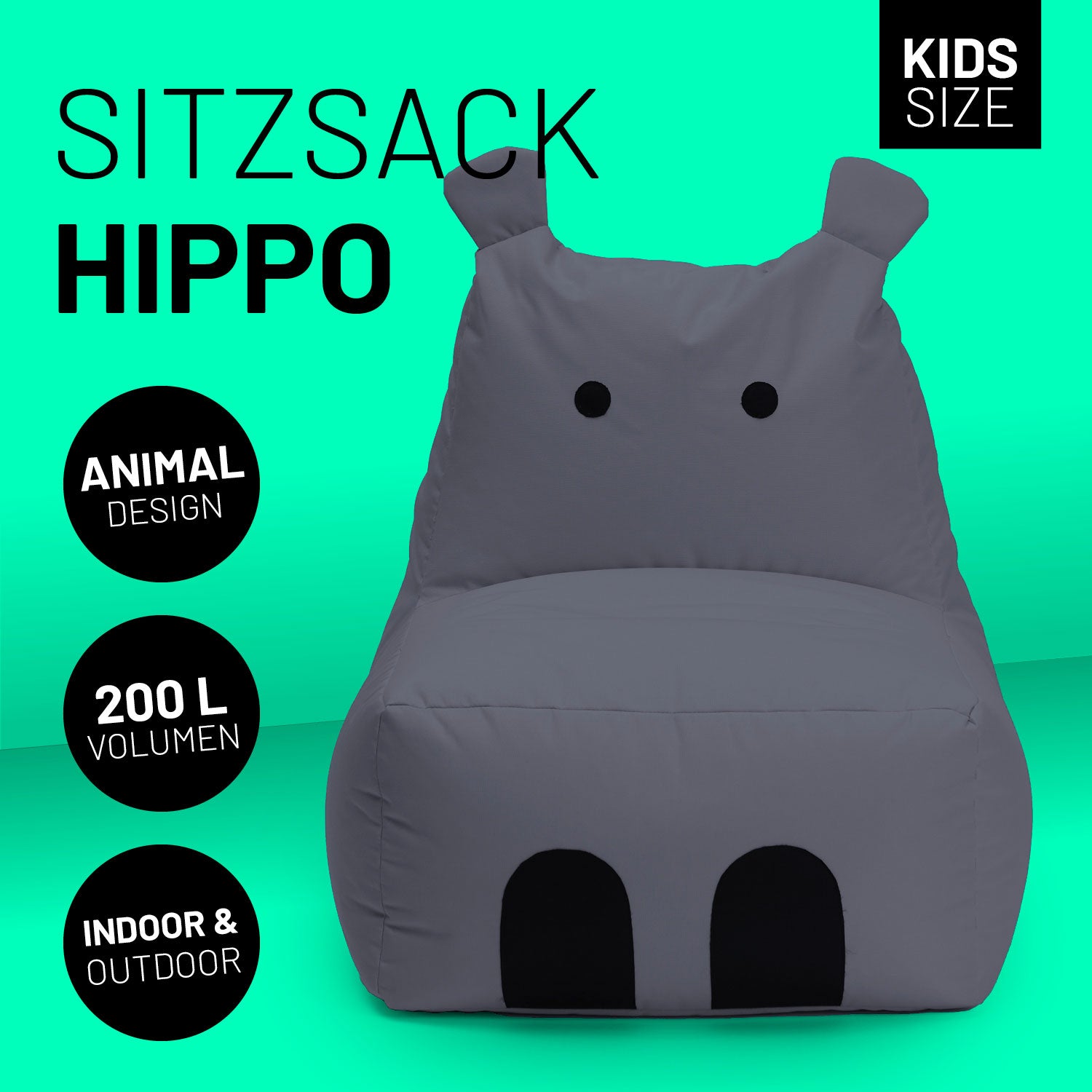 Kindersitzsack Animal Line Hippo (200 L) - indoor & outdoor - Stahlgrau