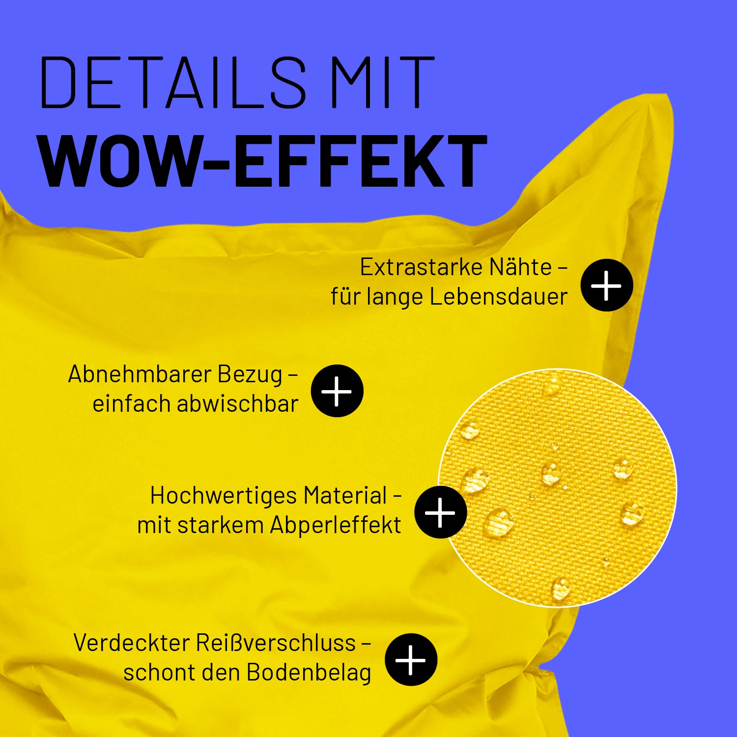 Sitzsack Classic XXL (380 L) Gelb mit extrastarken Nähten, abnehmbarem Bezug, Abperleffekt und verdecktem Reißverschluss.