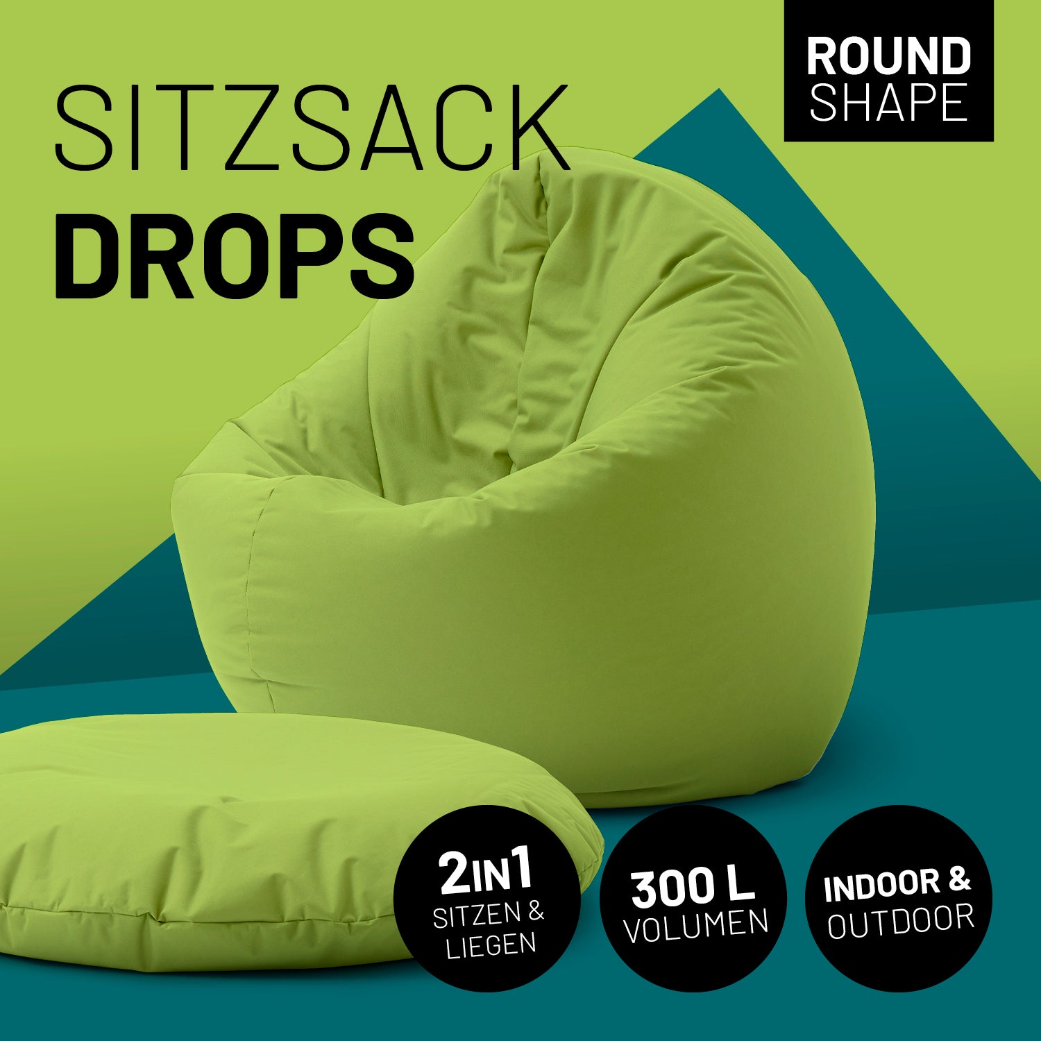Sitzsack Drops (300 L) Grün, indoor & outdoor, komfortabel, langlebig, mit EPS-Füllung, pflegeleicht und leicht transportierbar.