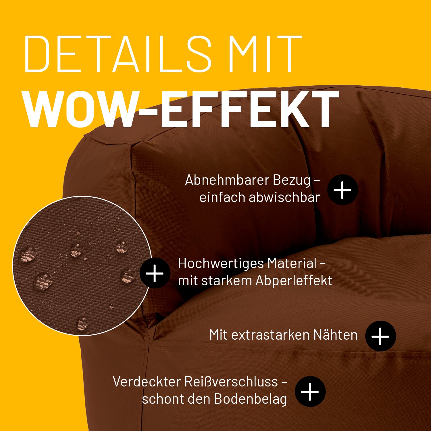 Sitzsack Lounge (320 L) Braun mit abnehmbarem Bezug, starkem Abperleffekt, extrastarken Nähten und verdecktem Reißverschluss.
