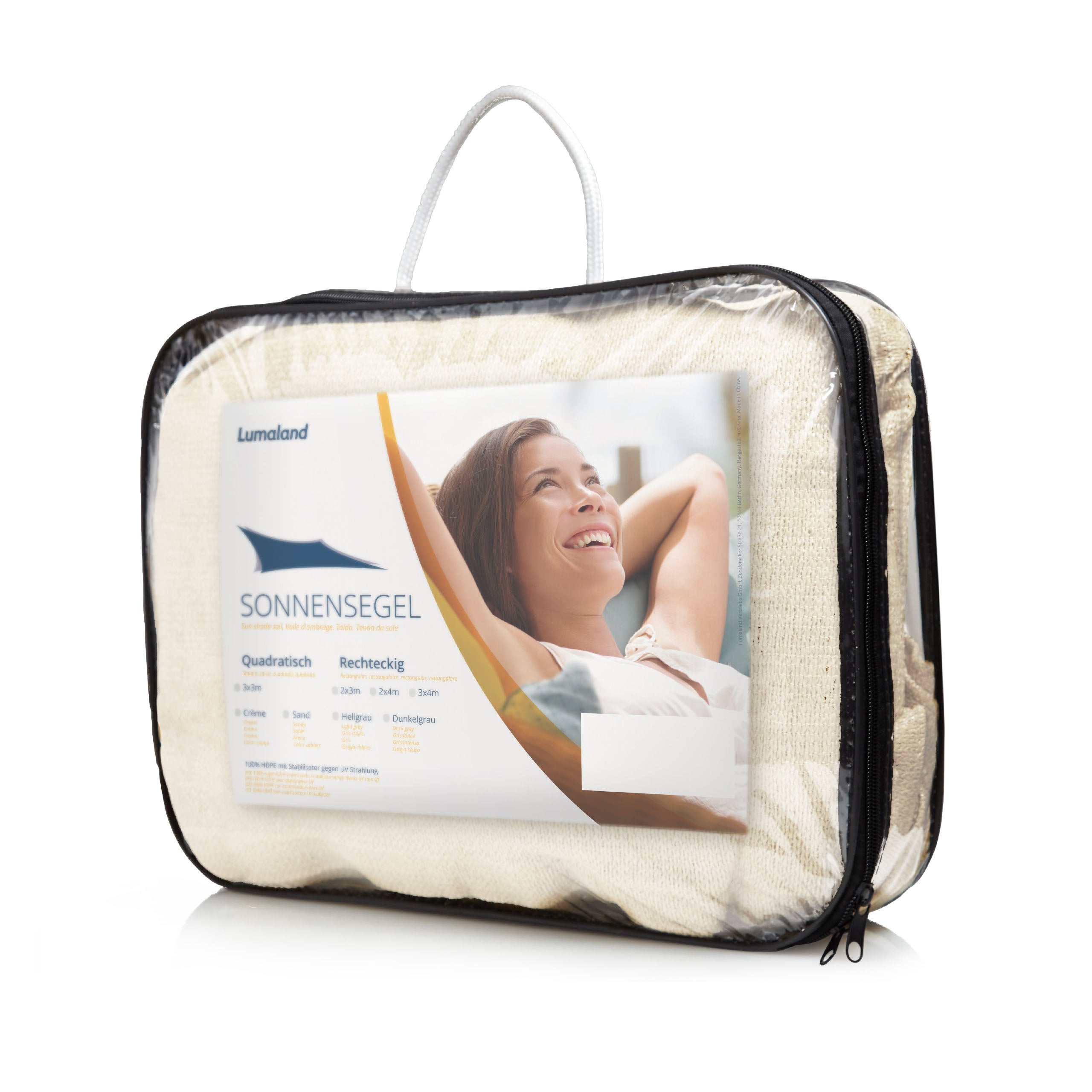 Sonnensegel 100% HDPE mit Stabilisator für UV-Schutz - Rechteck 2 x 3 Meter - Creme in praktischer Verpackung mit Tragegriff sichtbar.