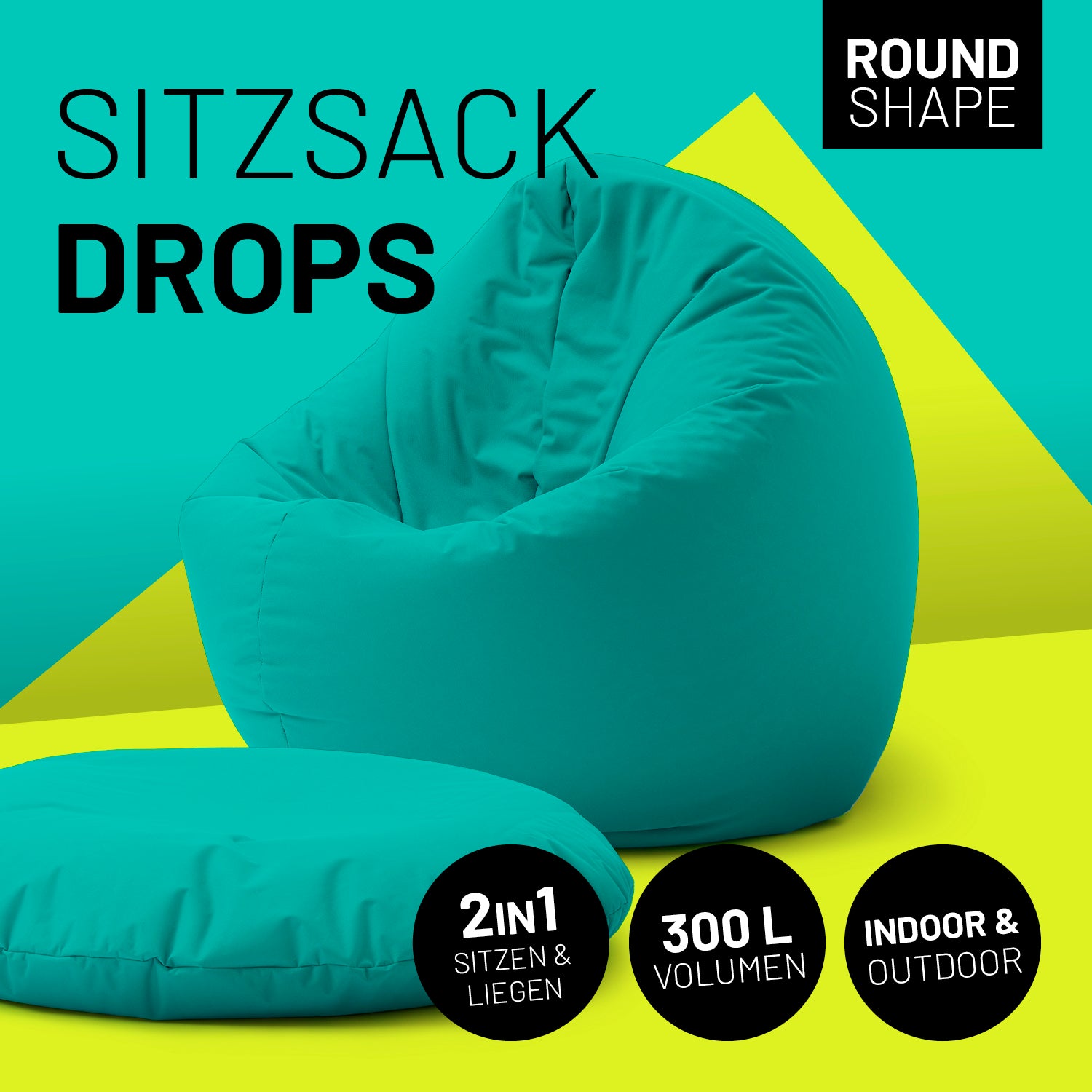 Sitzsack Drops (300 L) in Türkis, modern, vielseitig für drinnen & draußen, mit robusten Nähten und pflegeleichtem Material.