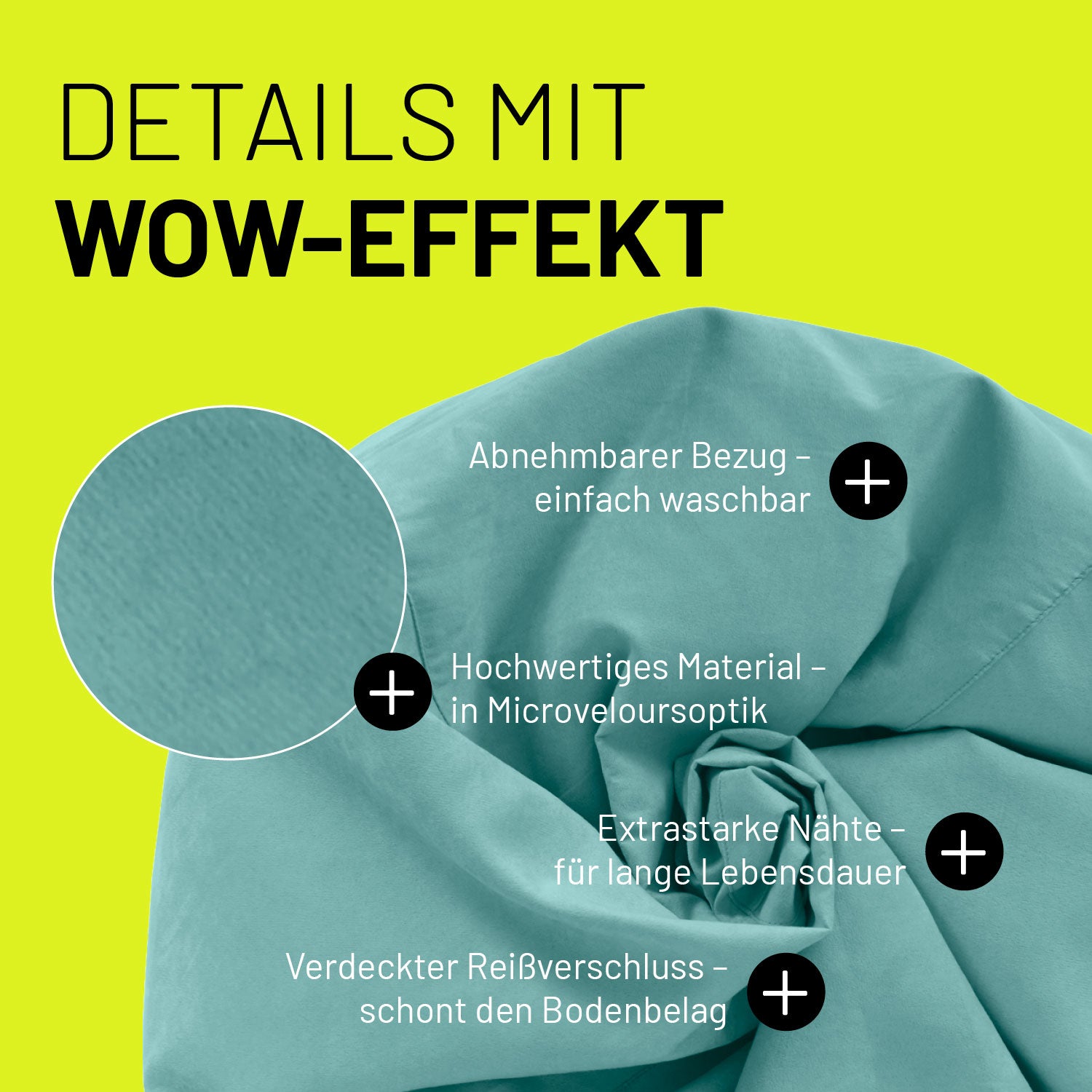 Luxury XL Sitzsack (120 L) - Türkis mit abnehmbarem Bezug, Microveloursoptik, extrastarken Nähten und verdecktem Reißverschluss.