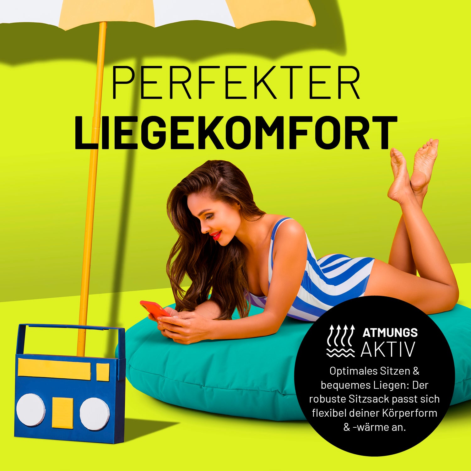 Sitzsack Drops (300 L) Türkis mit atmungsaktivem Material für perfekten Liegekomfort drinnen und draußen.