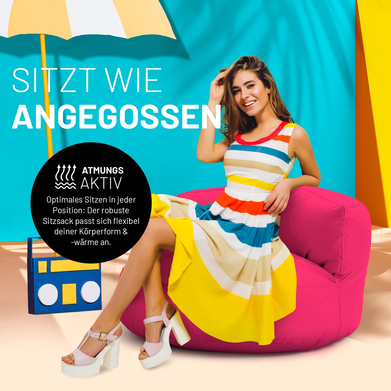 Sitzsack Lounge (320 L) - indoor & outdoor - Pink mit atmungsaktiver Füllung, passt sich Körperform und -wärme flexibel an.