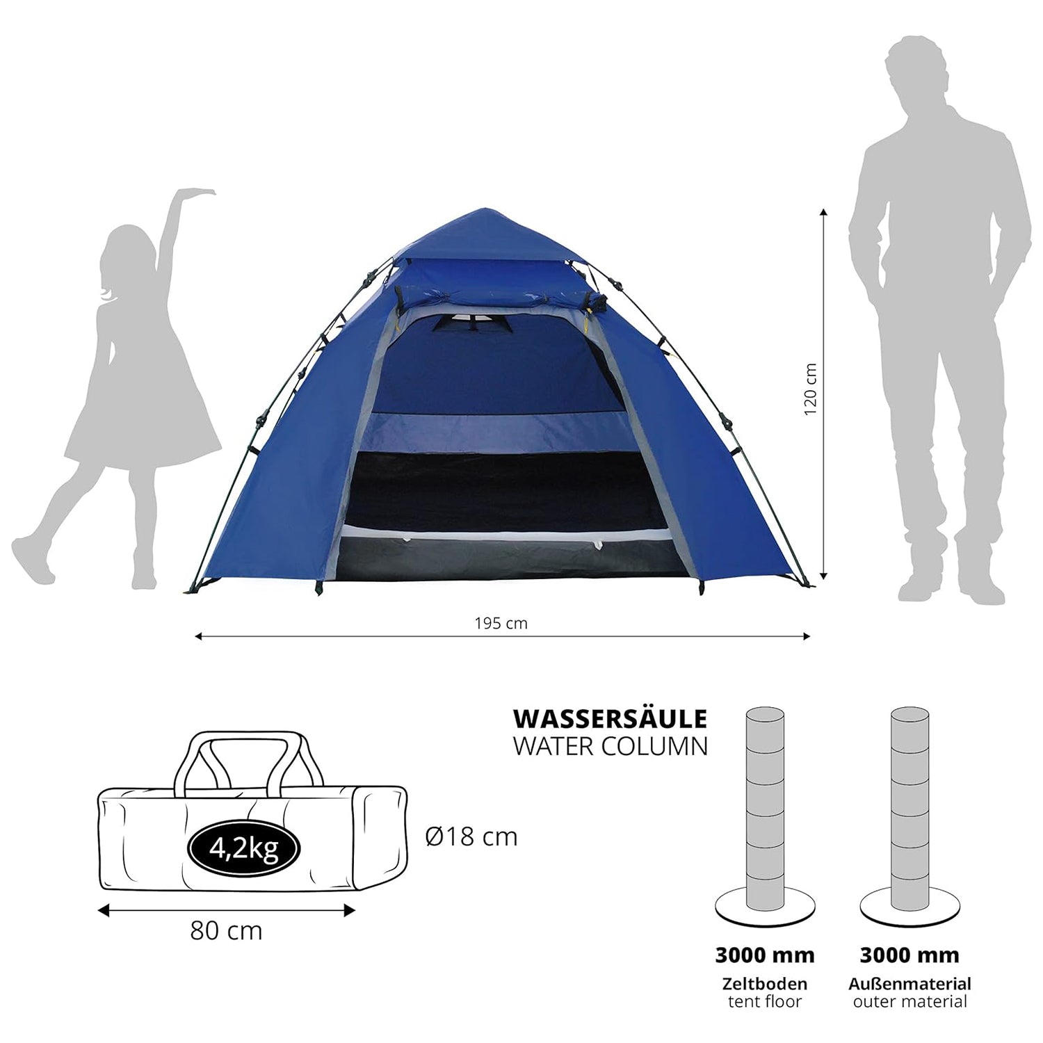 Pop Up Familienzelt Wurfzelt 3 Personen Zelt - 215 x 195 x 120 cm - Blau