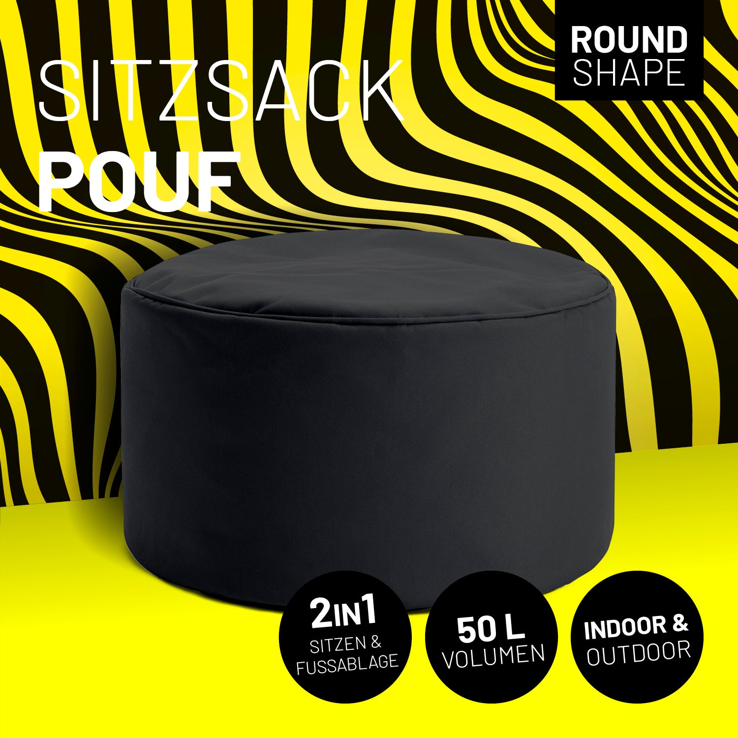 Sitzsack-Hocker/Pouf (50 L) in Schwarz, vielseitig als Sitzhocker, Ablage und Fußschemel, geeignet für Innen- & Außenbereich.