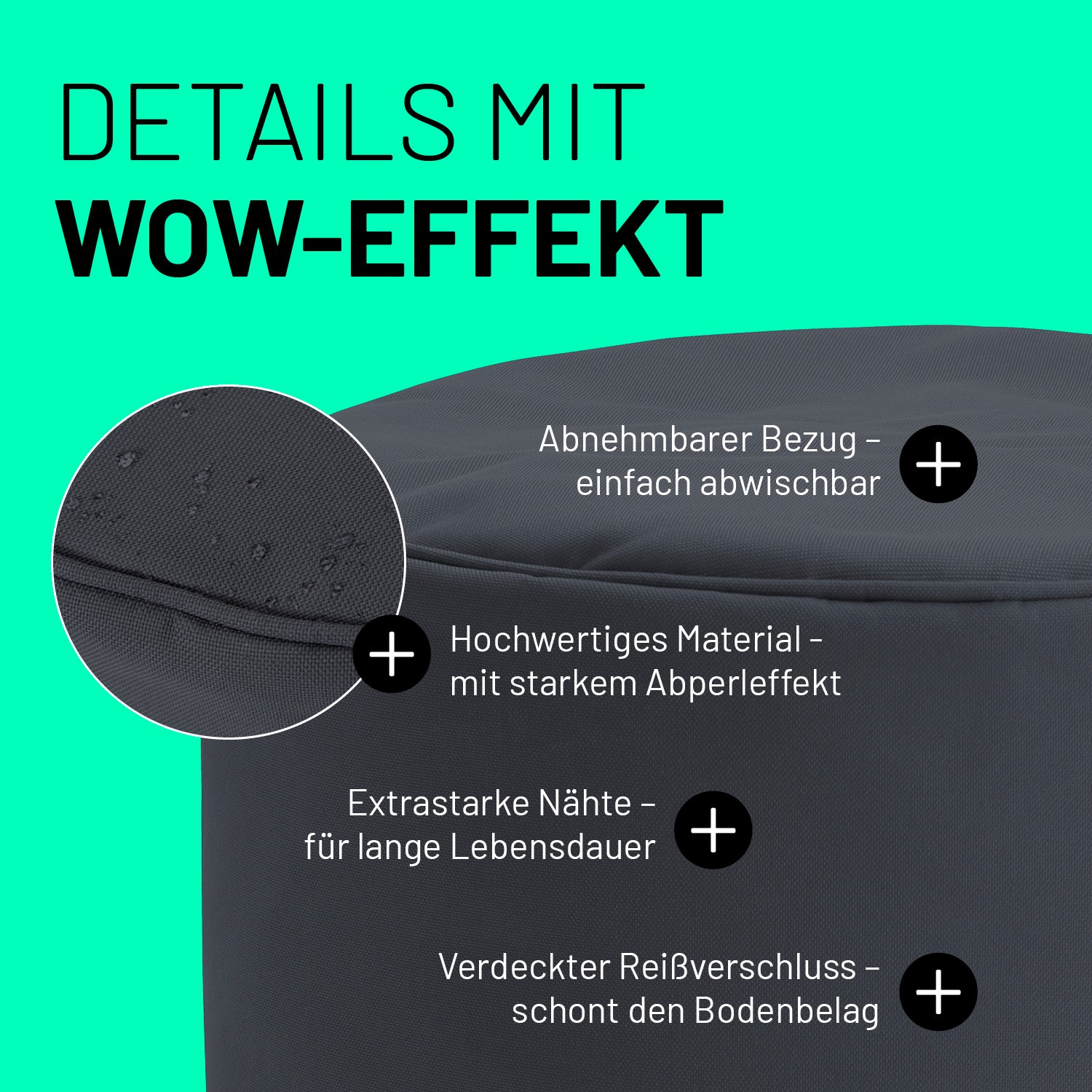 Sitzsack-Hocker/Pouf (50 L) Stahlgrau mit abnehmbarem Bezug, abperleffekt, extrastarken Nähten und verdecktem Reißverschluss für in- & outdoor.