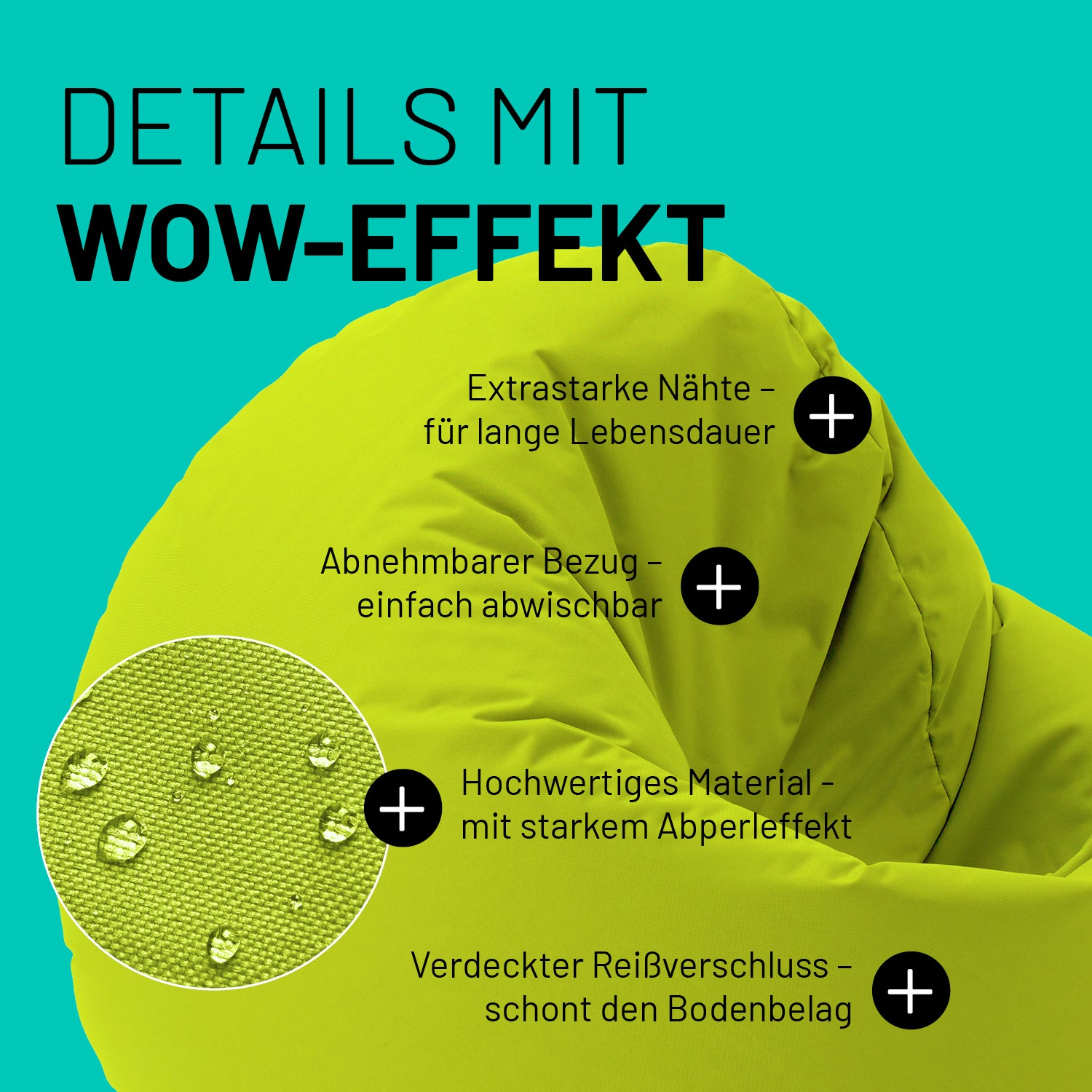 Sitzsack Drops (300 L) Apfelgrün mit extrastarken Nähten, abnehmbarem Bezug, Abperleffekt und verdecktem Reißverschluss für innen & außen.