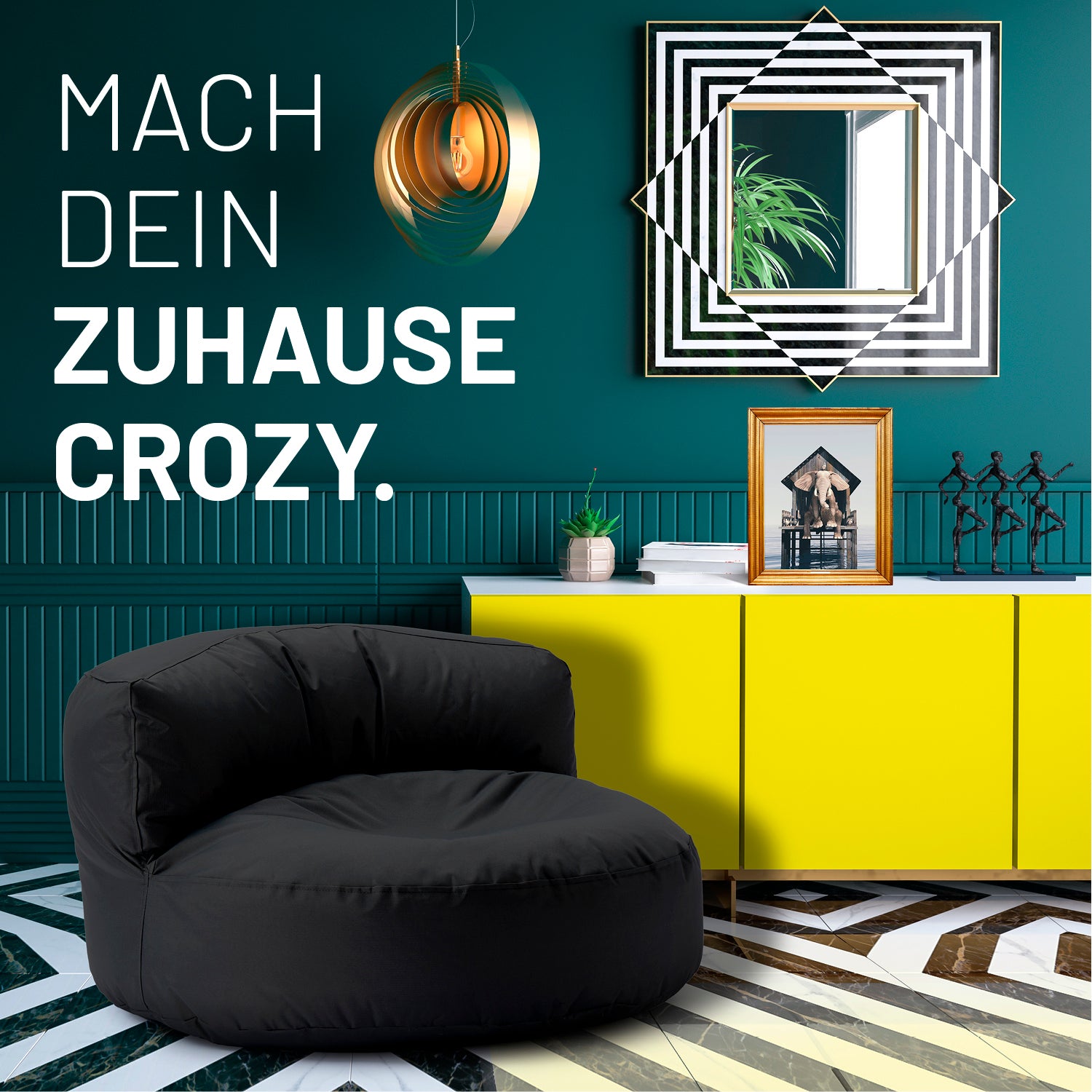 Sitzsack Lounge (320 L) - schwarz, modern und gemütlich für drinnen & draußen, langlebig und pflegeleicht mit verdecktem Reißverschluss.