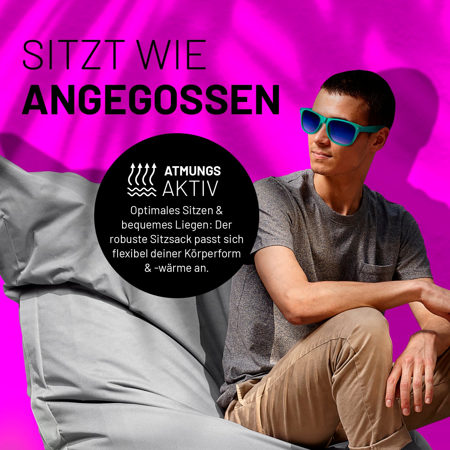 Sitzsack Classic XXL (380 L) in Silbergrau mit atmungsaktivem Material für flexibles, bequemes Sitzen und Liegen drinnen und draußen.