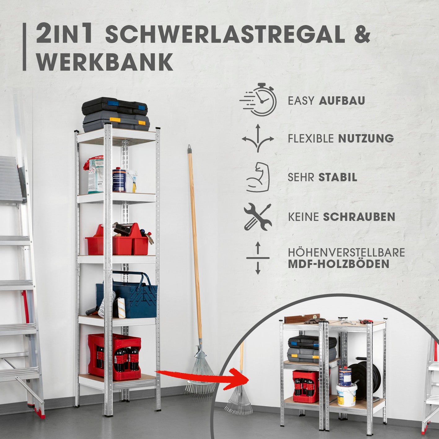 Schwerlastregal & Werkbank - 180 x 40 x 40 cm - 875 kg Traglast, 175 kg pro Ebene