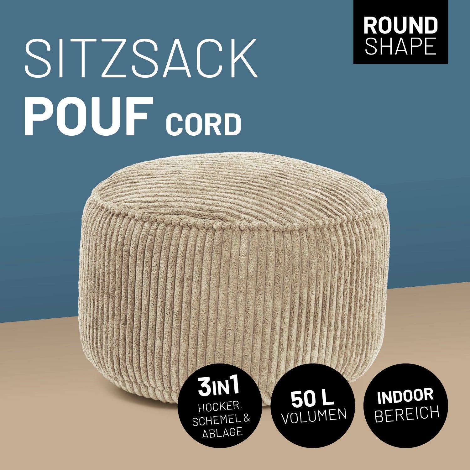 Sitzsack-Hocker/Pouf Cord (50 L) - indoor - Beige