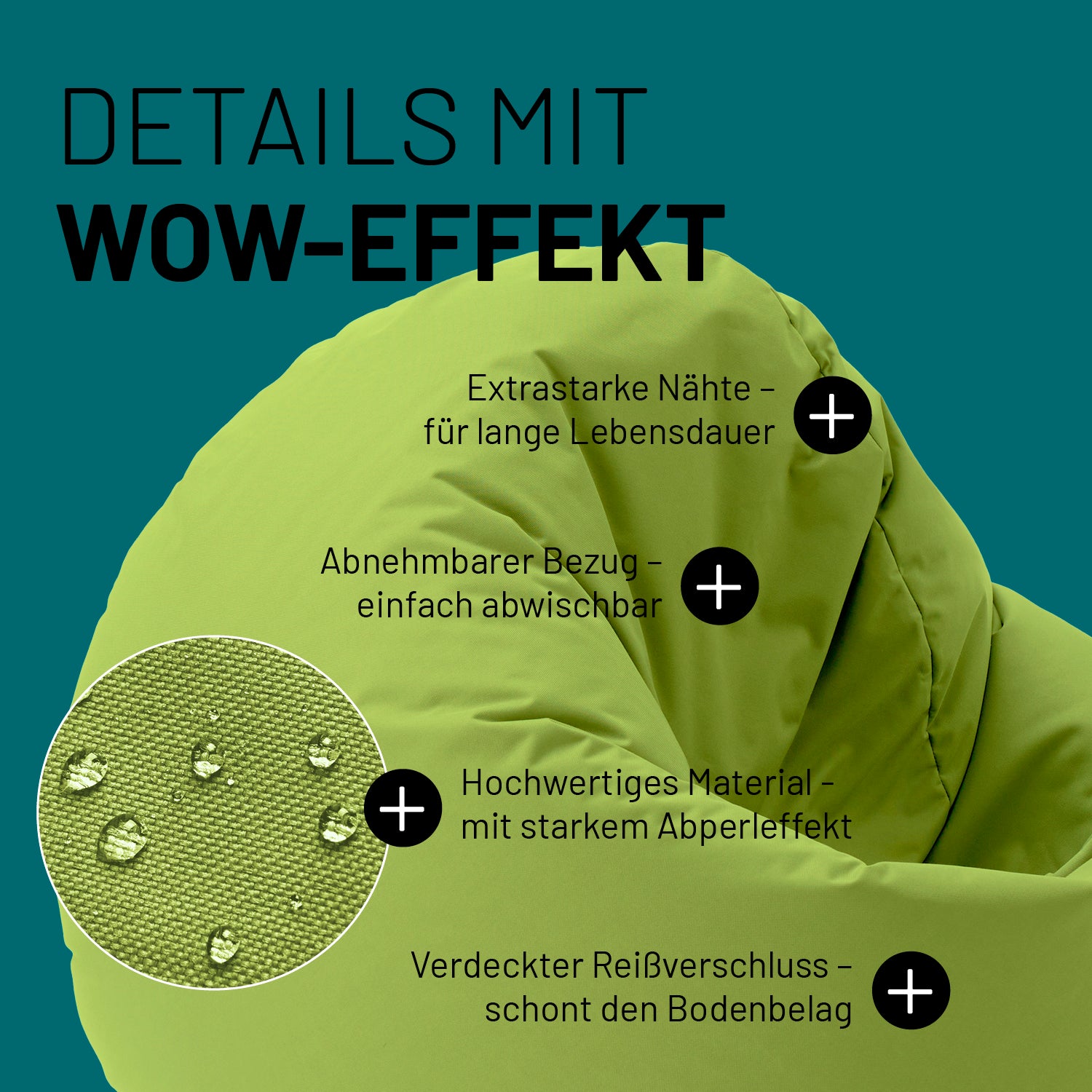 Sitzsack Drops (300 L) Grün mit extrastarken Nähten, abnehmbarem Bezug, Abperleffekt und verdecktem Reißverschluss für drinnen und draußen.