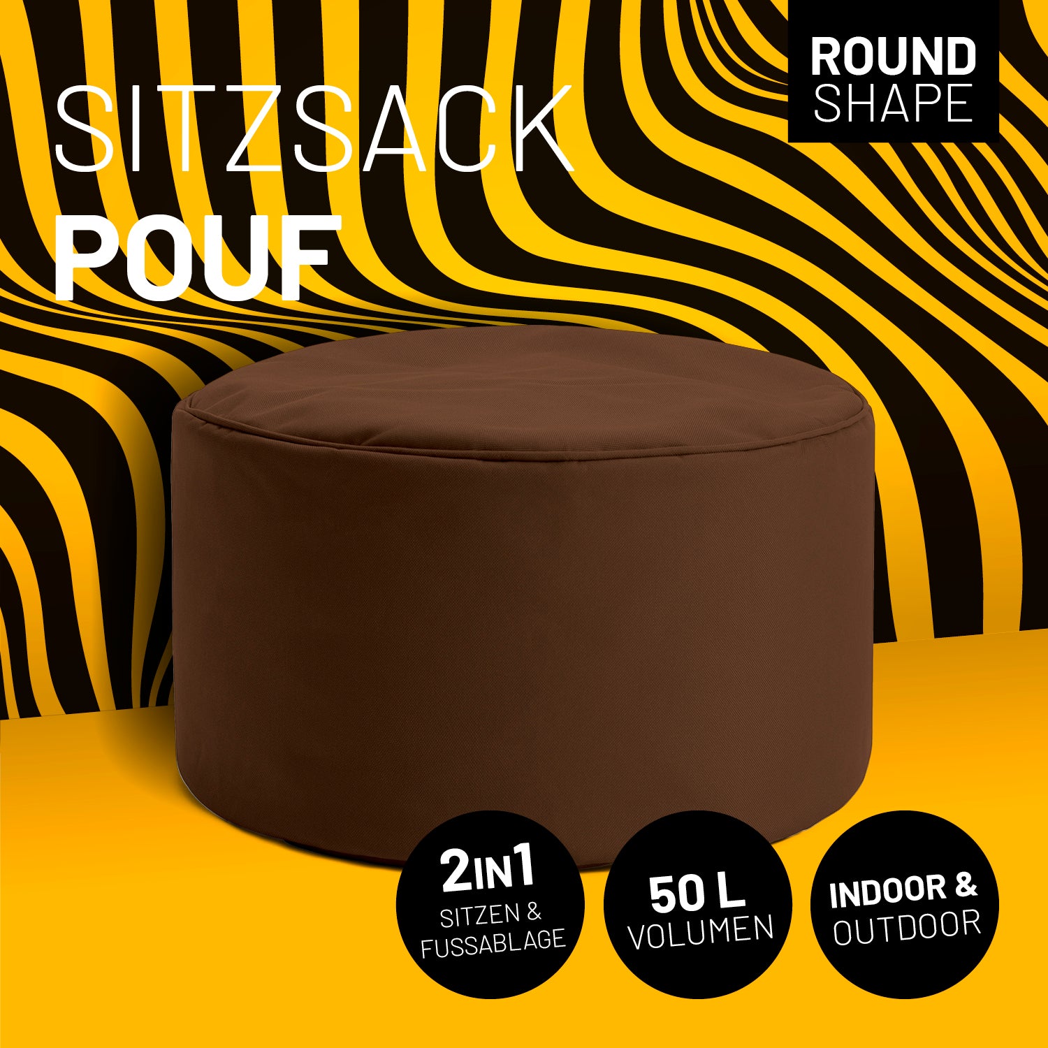 Sitzsack-Hocker/Pouf (50 L) Braun, multifunktional für Indoor & Outdoor, pflegeleicht, langlebig und leicht transportierbar.