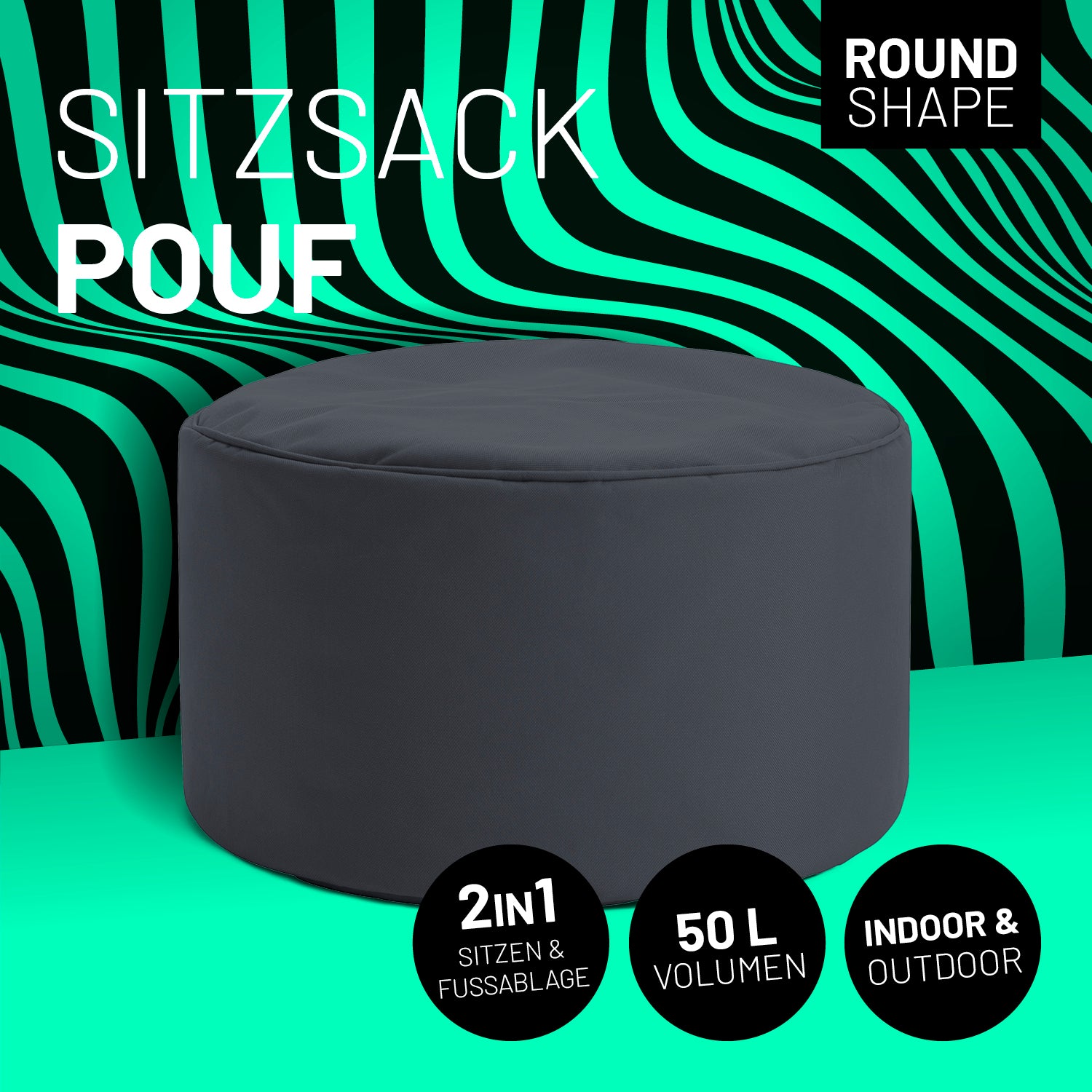 Sitzsack-Hocker/Pouf (50 L) Stahlgrau, multifunktional für indoor & outdoor, leicht, langlebig und pflegeleicht.