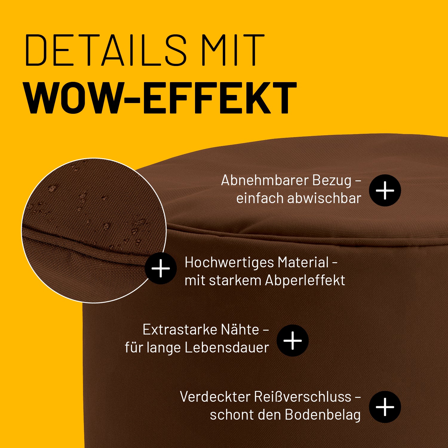 Sitzsack-Hocker/Pouf (50 L) Braun mit abnehmbarem Bezug, starkem Abperleffekt, extrastarken Nähten und verdecktem Reißverschluss für Indoor & Outdoor.