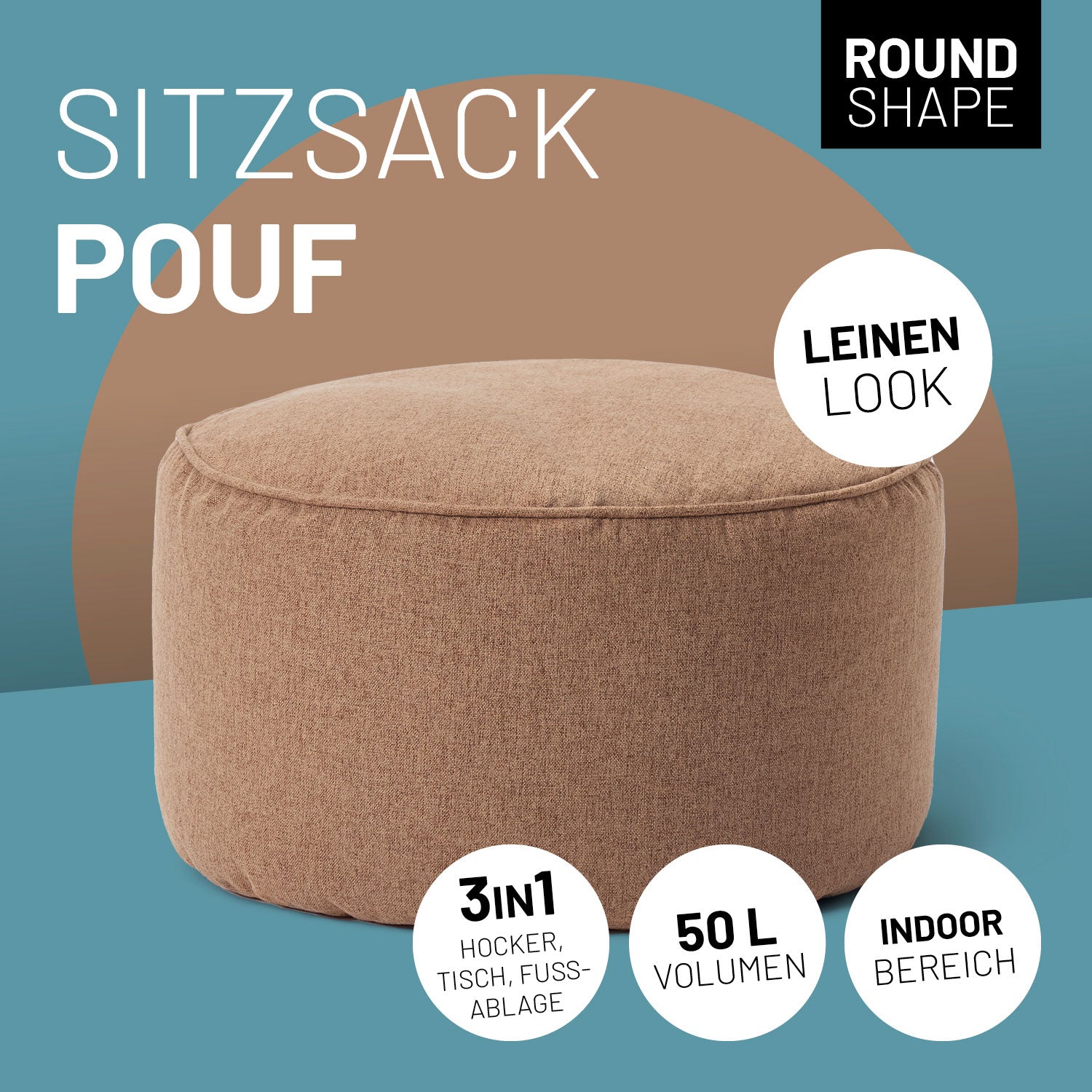 Comfort Line Sitzsack-Hocker 25 x 45 cm - Indoor - Runder Sitzpouf, Bodenkissen Bean Bag Pouf - Braun